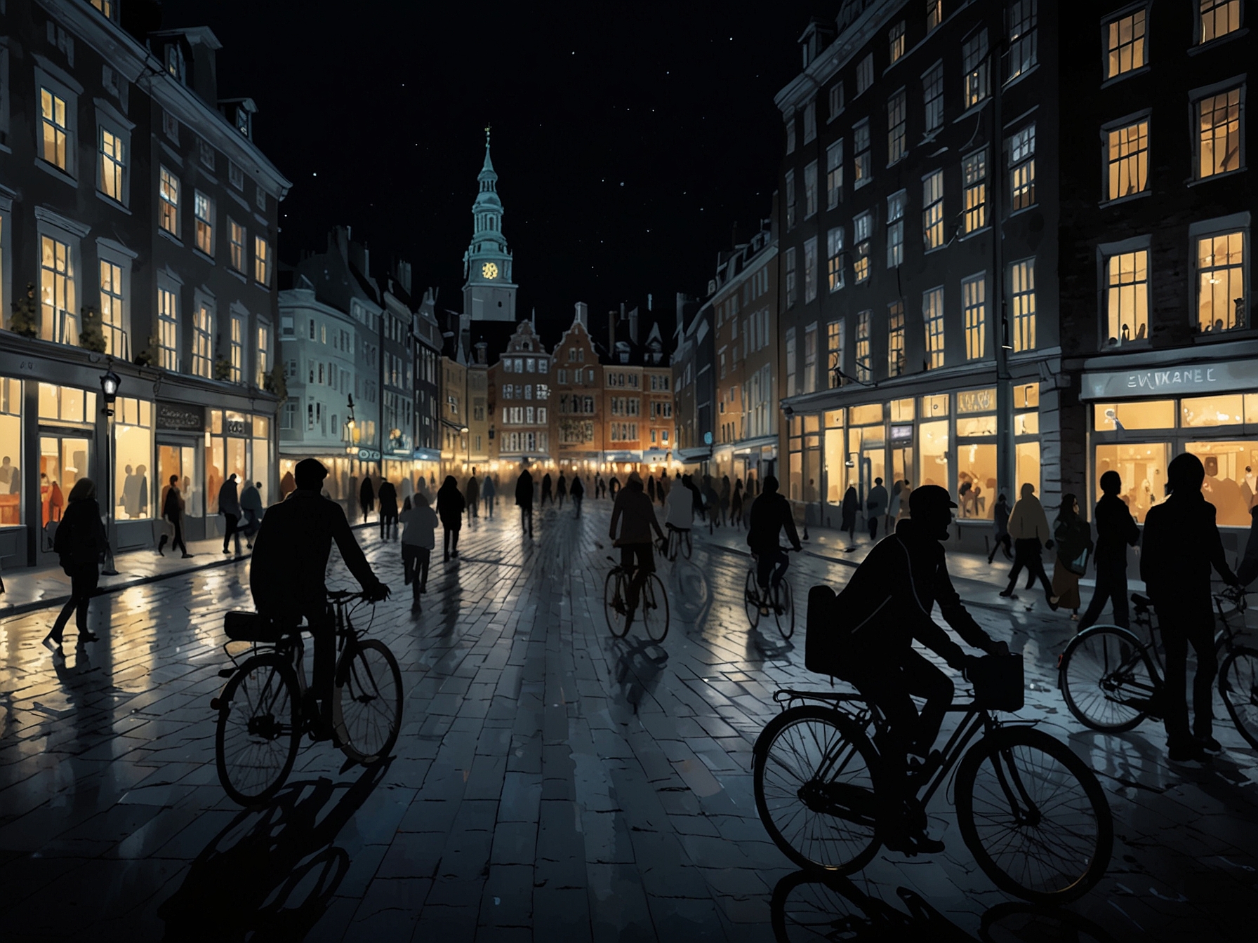 A scenic view of Copenhagen’s well-lit and crowded city streets at night, illustrating the city’s safe environment and the presence of vigilant cyclists and pedestrians.