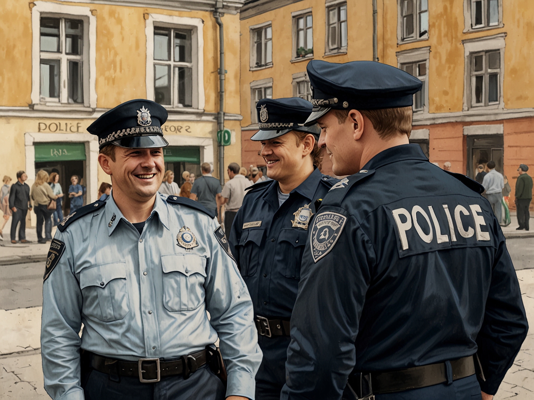 Community policing in action in Copenhagen, showing a friendly interaction between local police officers and residents, highlighting the trust and cooperation that enhance public safety.