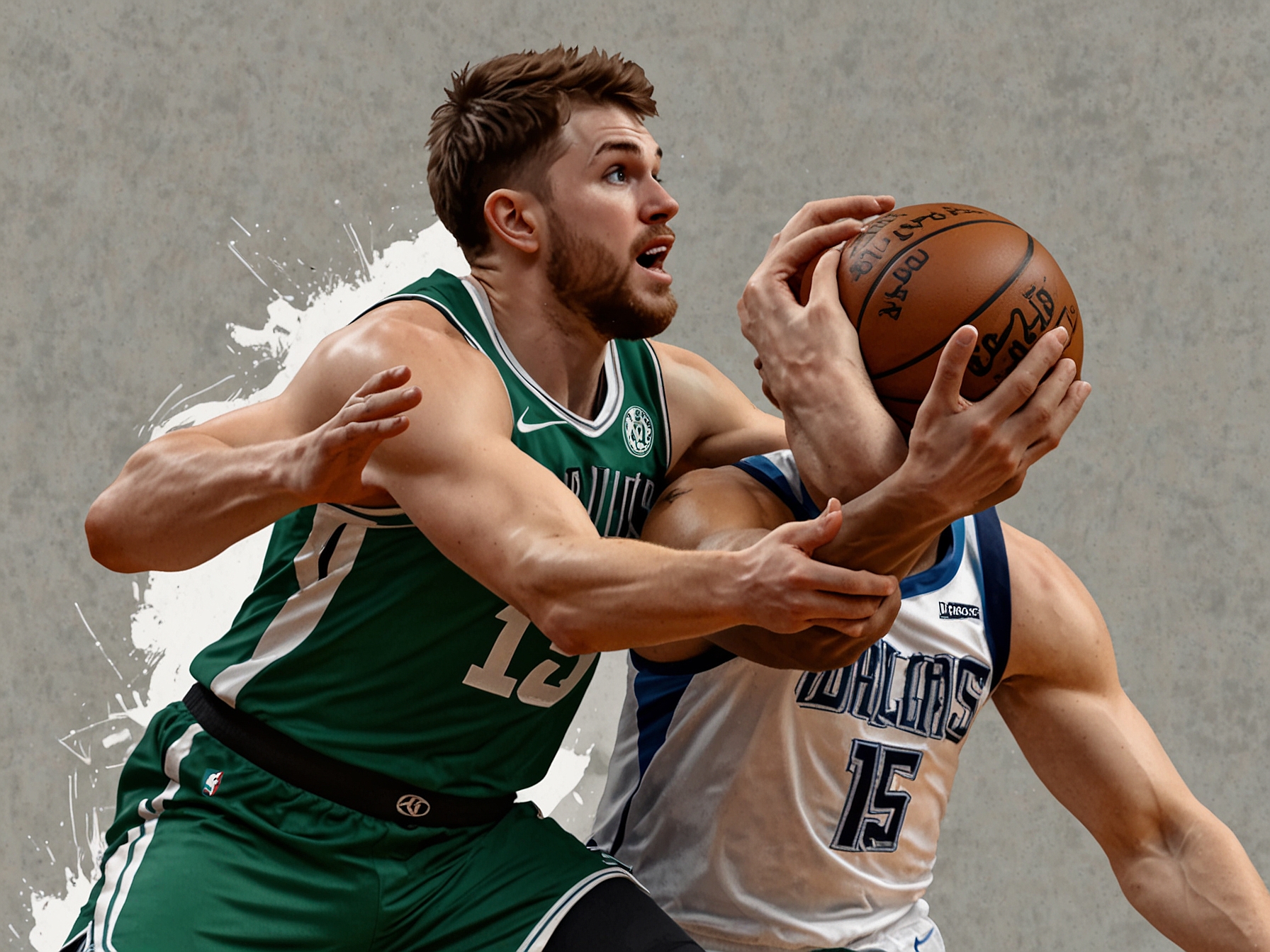 A tense moment as Luka Dončić of the Dallas Mavericks drives to the basket against Boston Celtics' Marcus Smart, showcasing the physical and strategic battle of Game 5 of the 2024 NBA Finals.