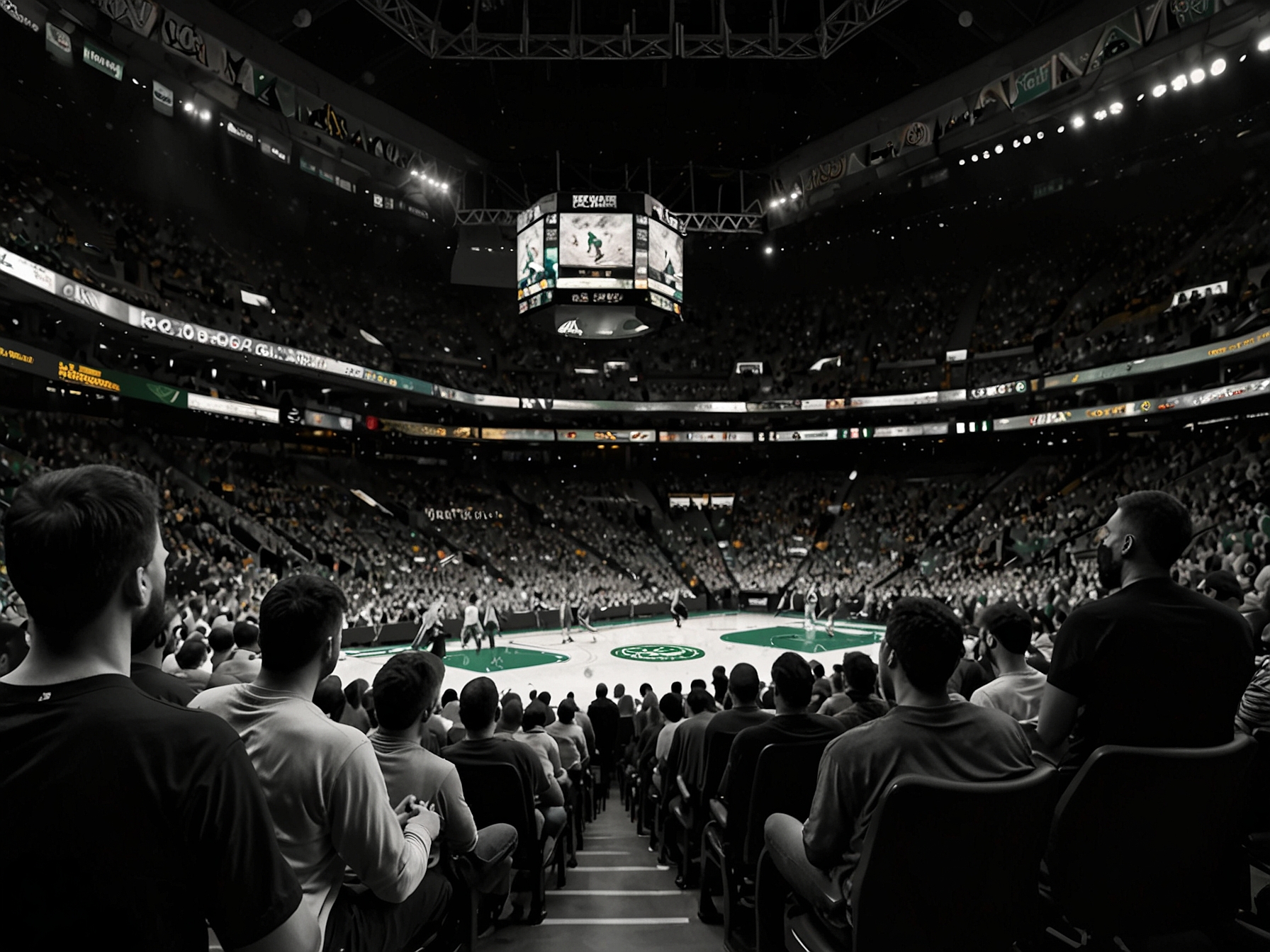 Boston Celtics fans inside TD Garden create a deafening atmosphere, capturing the emotional and psychological impact of home-court advantage during Game 5 of the 2024 NBA Finals.