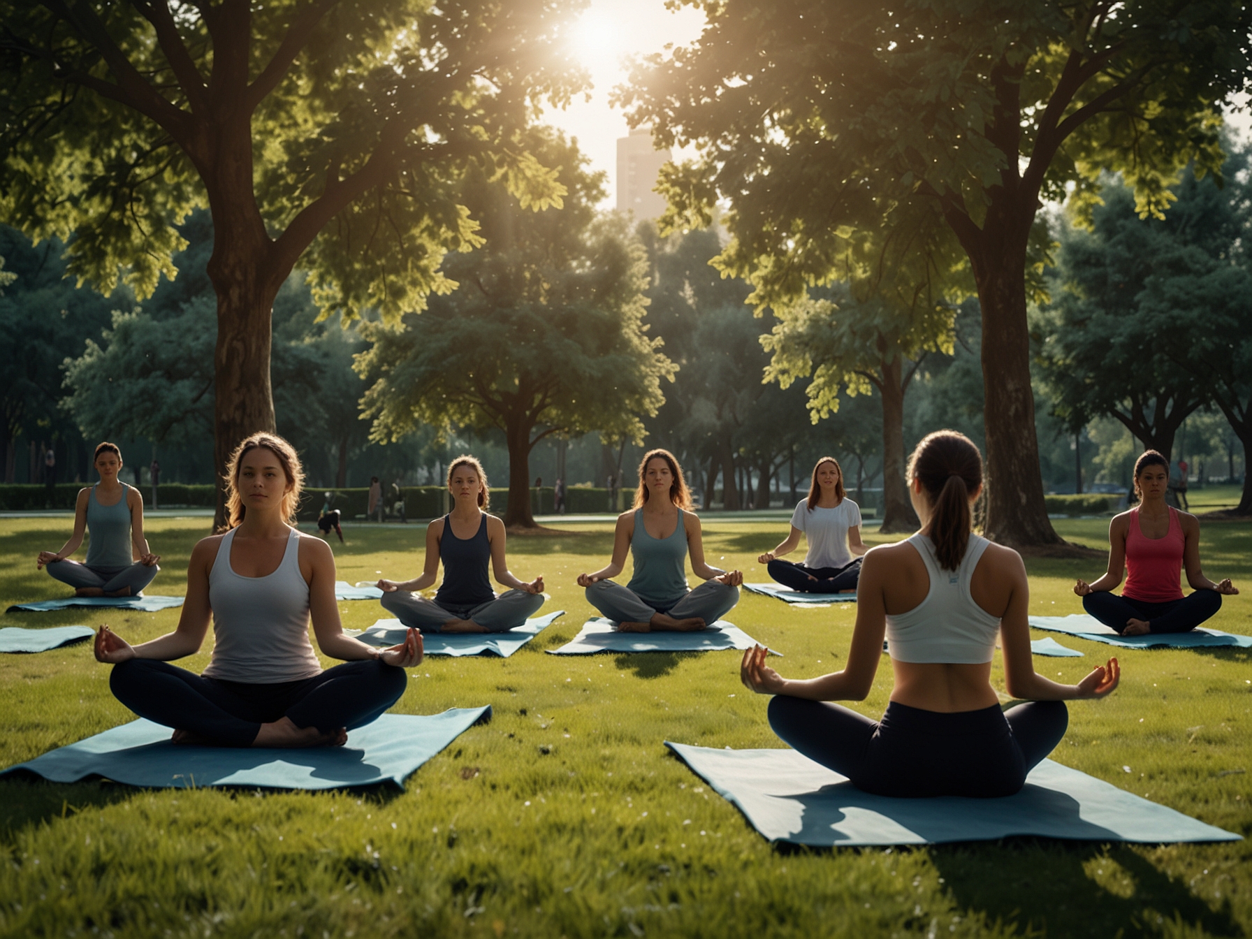 A group of people practicing yoga in a park, highlighting the importance of physical activity for mental health. The serene environment reflects a sense of peace and well-being.