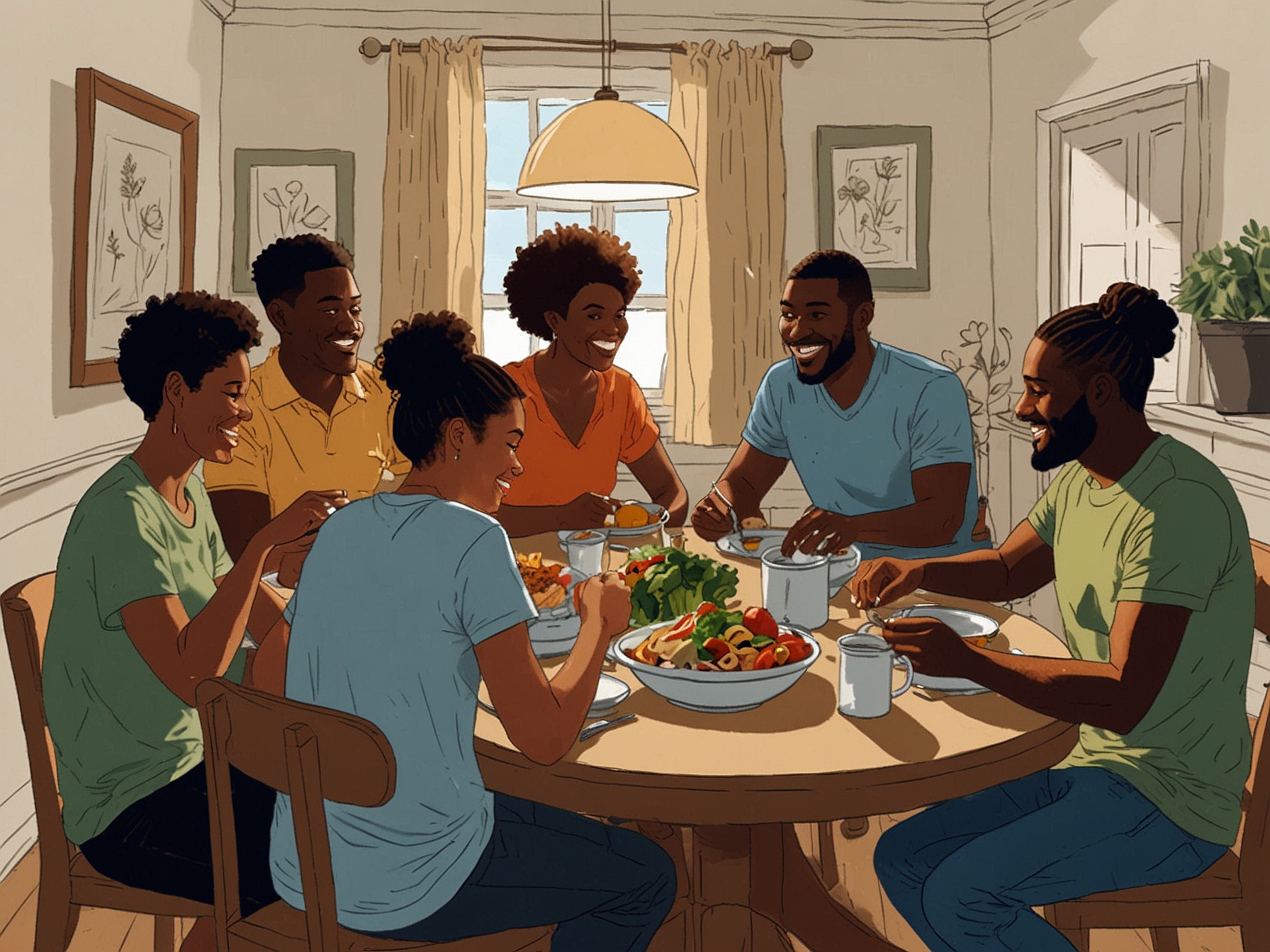 A diverse group of friends and family members gathered around a table, sharing a healthy meal. The image illustrates the significance of strong social connections and a nutritious diet for mental wellness.