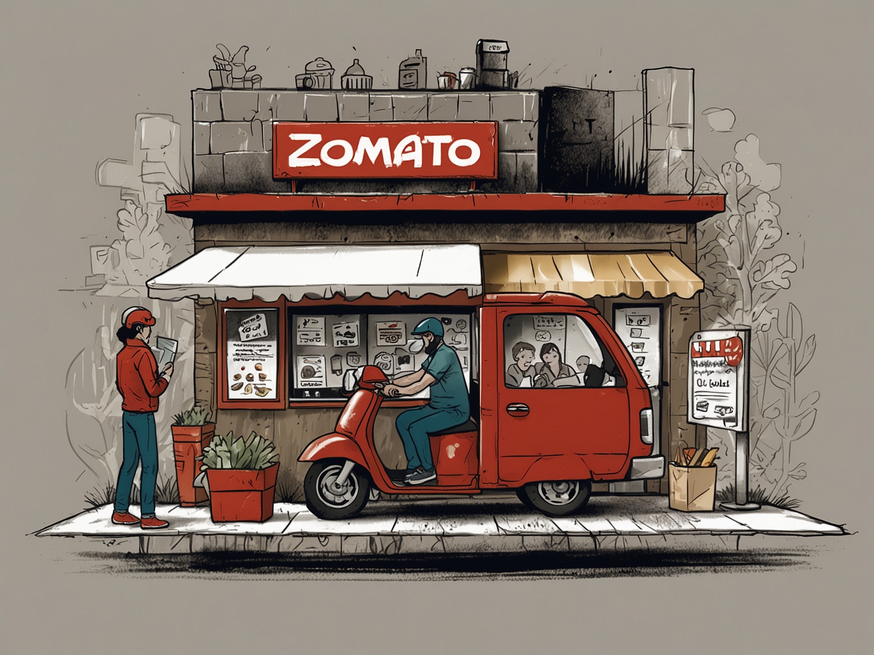 A conceptual graphic showing the integration of food delivery and ticket booking services, depicting Zomato's strategy to become a unified lifestyle platform with diverse offerings.