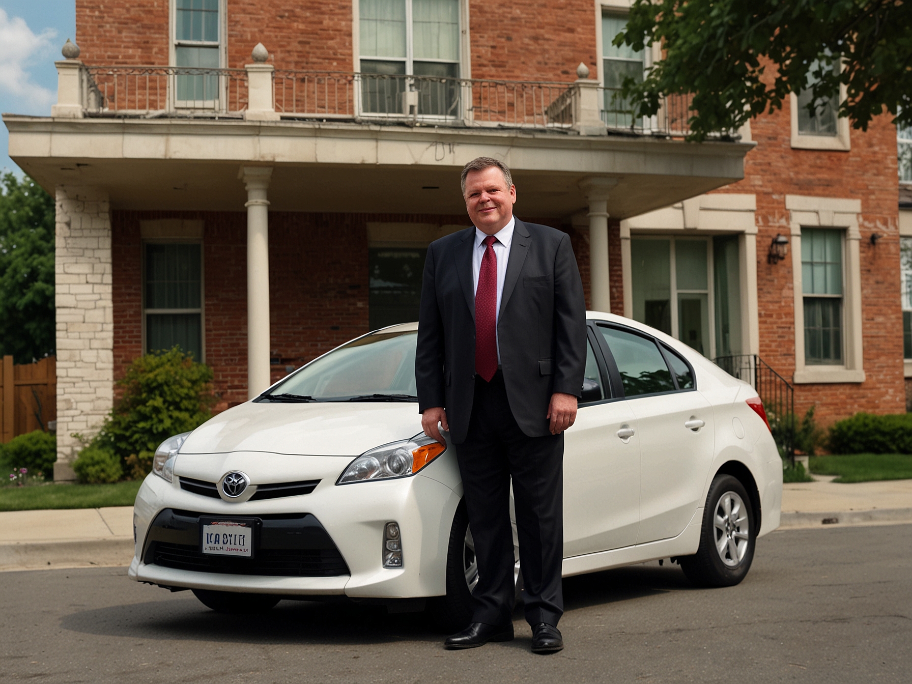 Senator Jon Tester stands beside his Toyota Prius in Washington, D.C., illustrating his choice of a fuel-efficient, environmentally friendly vehicle amidst political criticism.