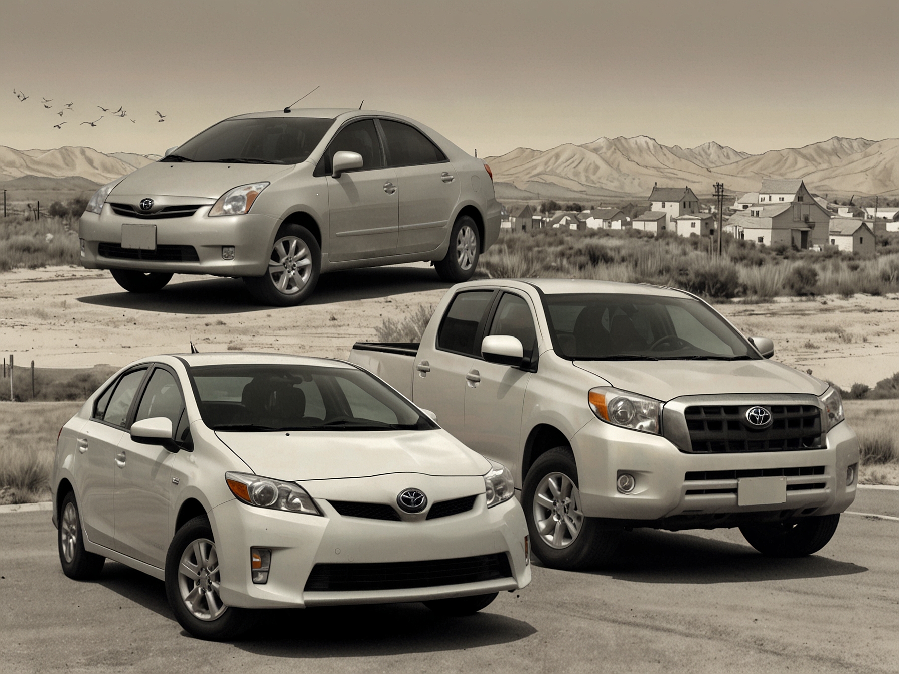 A split image showing Jon Tester with his Toyota Prius in an urban setting and his pickup truck in a rural landscape, highlighting his practical approach to vehicle choices.