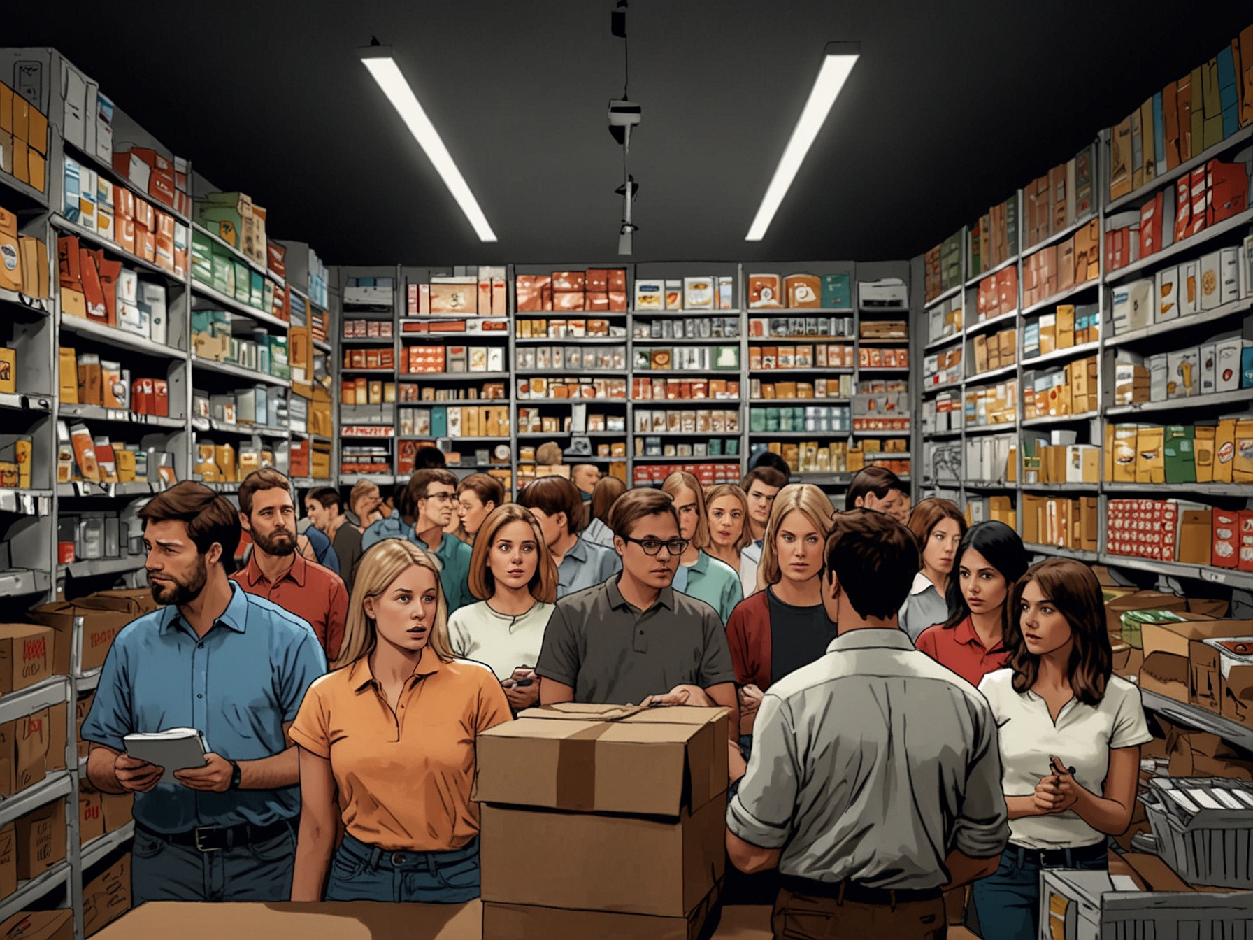An illustration showing confused consumers surrounded by numerous brands, highlighting the difficulty in discerning genuine CSR efforts from misleading claims.