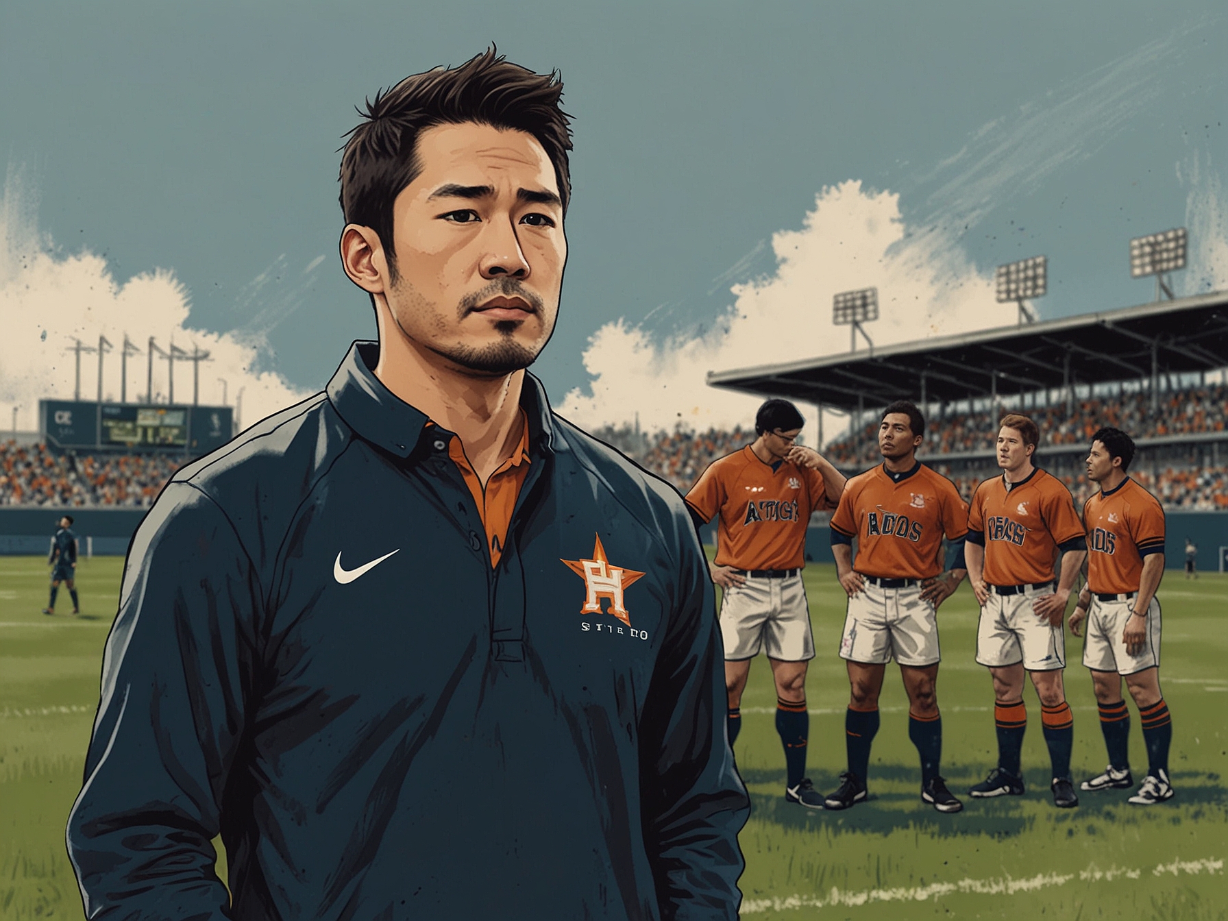 Hayato Kimijima stands on a rugby field with the Astros team behind him, illustrating his new role as their manager. The team looks determined, symbolizing their collective struggle and growth.