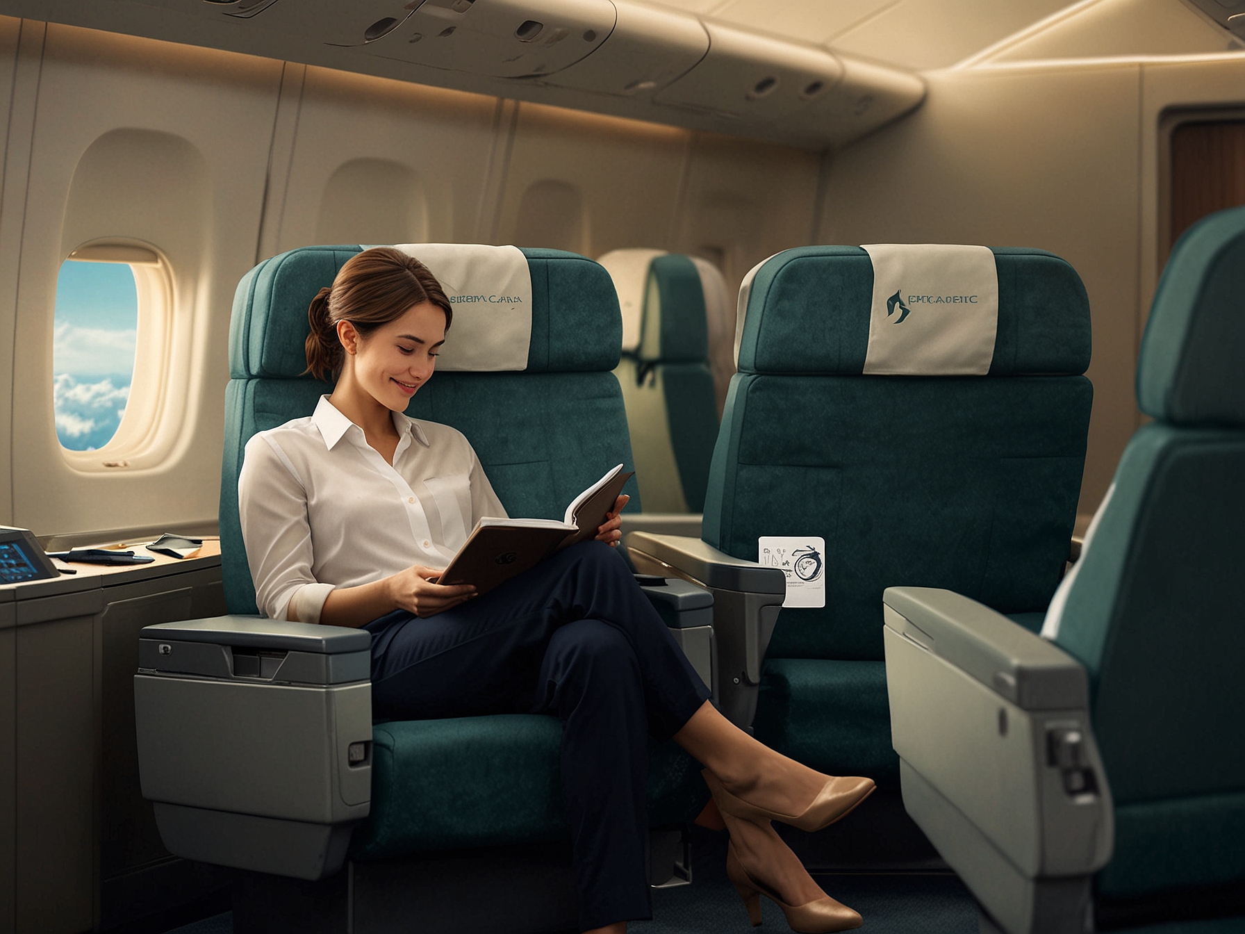 Harriet Sime experiencing cozy seating in Cathay Pacific's premium economy with footrest, enhanced legroom, and personal entertainment systems. The cabin shows the balance of comfort and affordability.