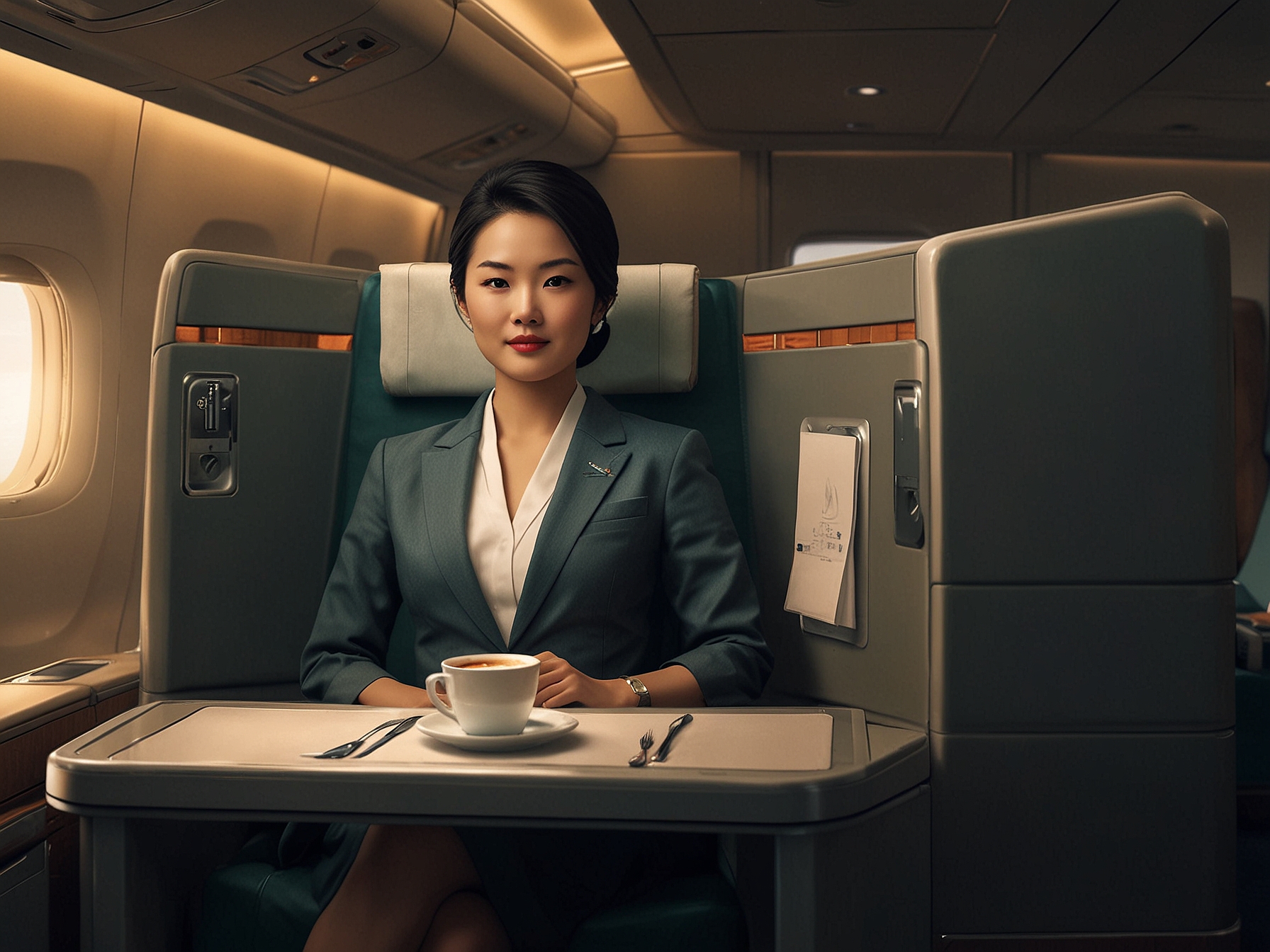 A luxurious shot of Cathay Pacific's business class featuring lie-flat seats, fine dining, and priority boarding services. Harriet highlights superior comfort and service for upscale travelers.