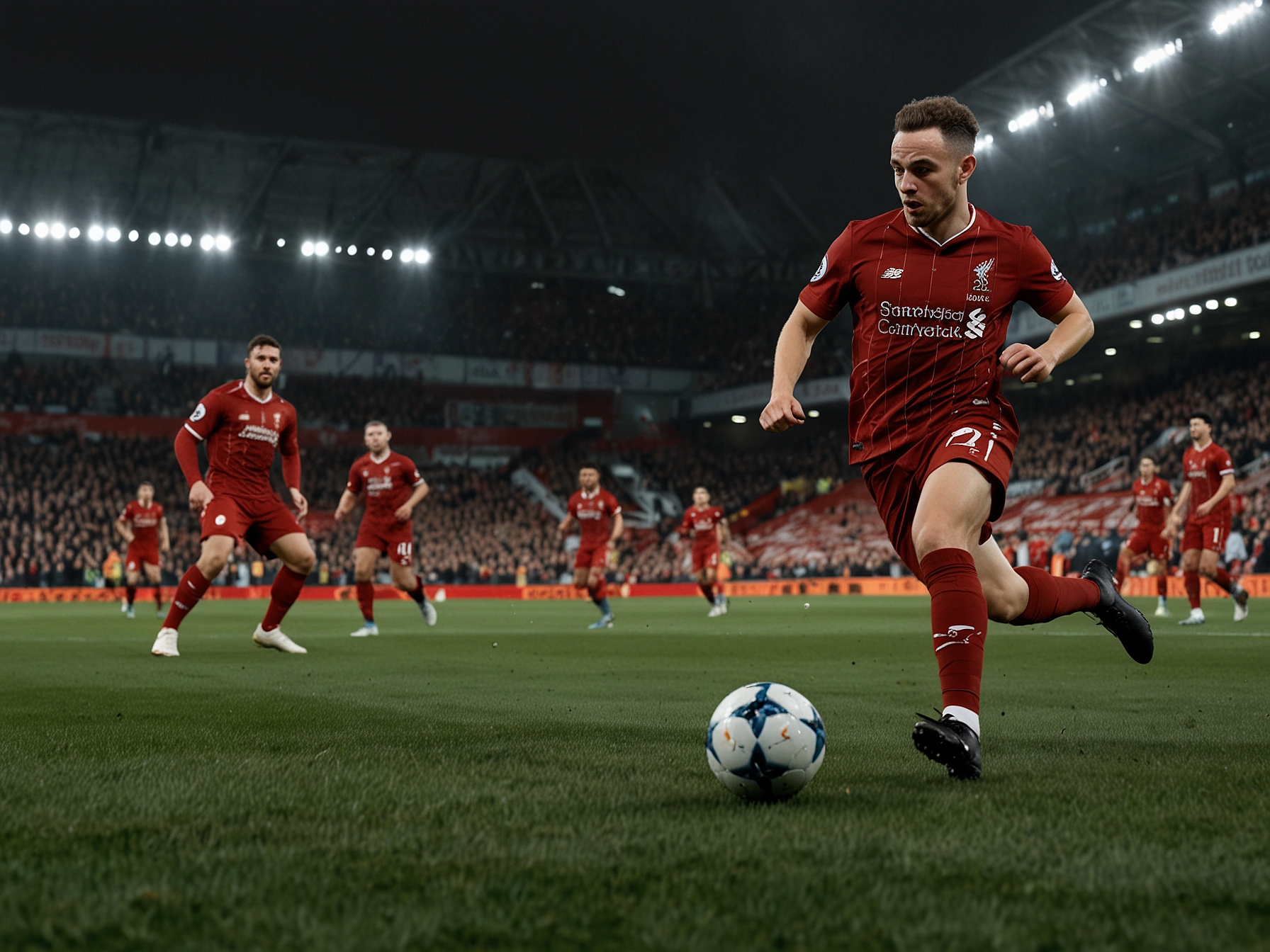 Diogo Jota in action for Liverpool FC, showcasing his agility and quick thinking as he navigates through defenders during a Premier League match.