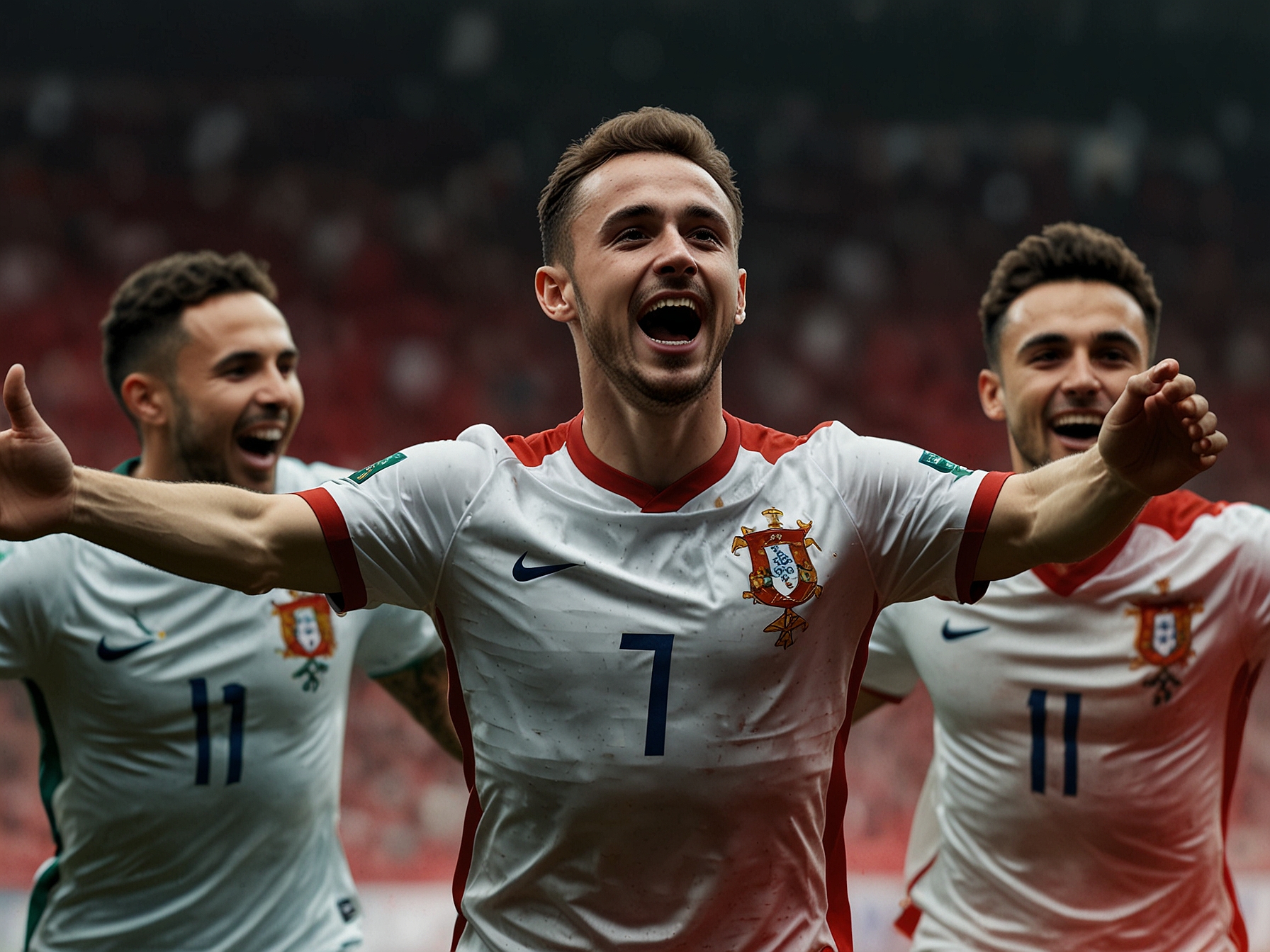 Diogo Jota wearing Portugal’s national team jersey, celebrating a goal with teammates, emphasizing his vital role in Portugal’s Euro 2024 campaign.