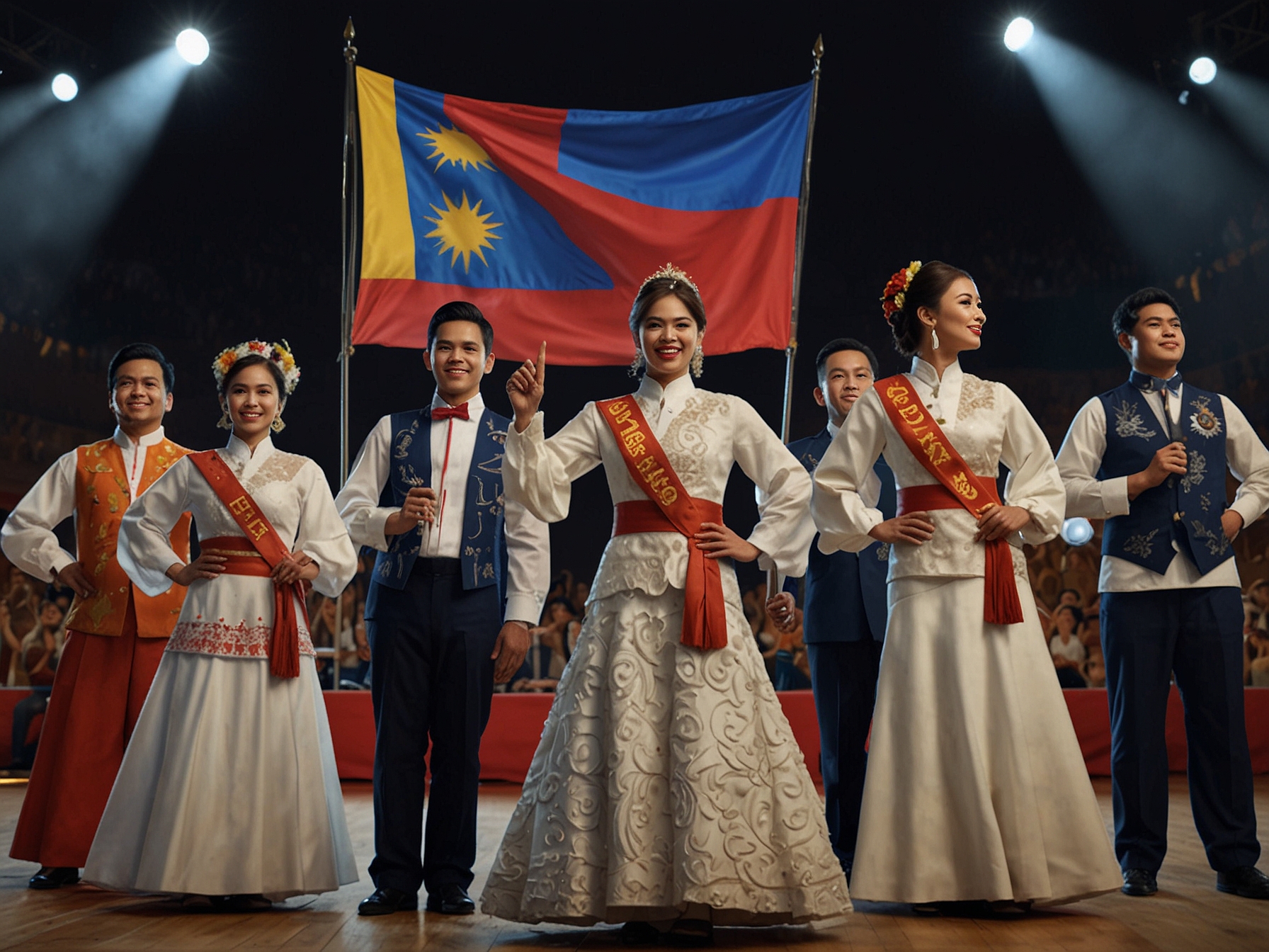 SB19 members, dressed in traditional Filipino attire, passionately perform 'O Bayan Ko' on stage at the MEGA Ball, with the Philippine flag and historical symbols as the backdrop.