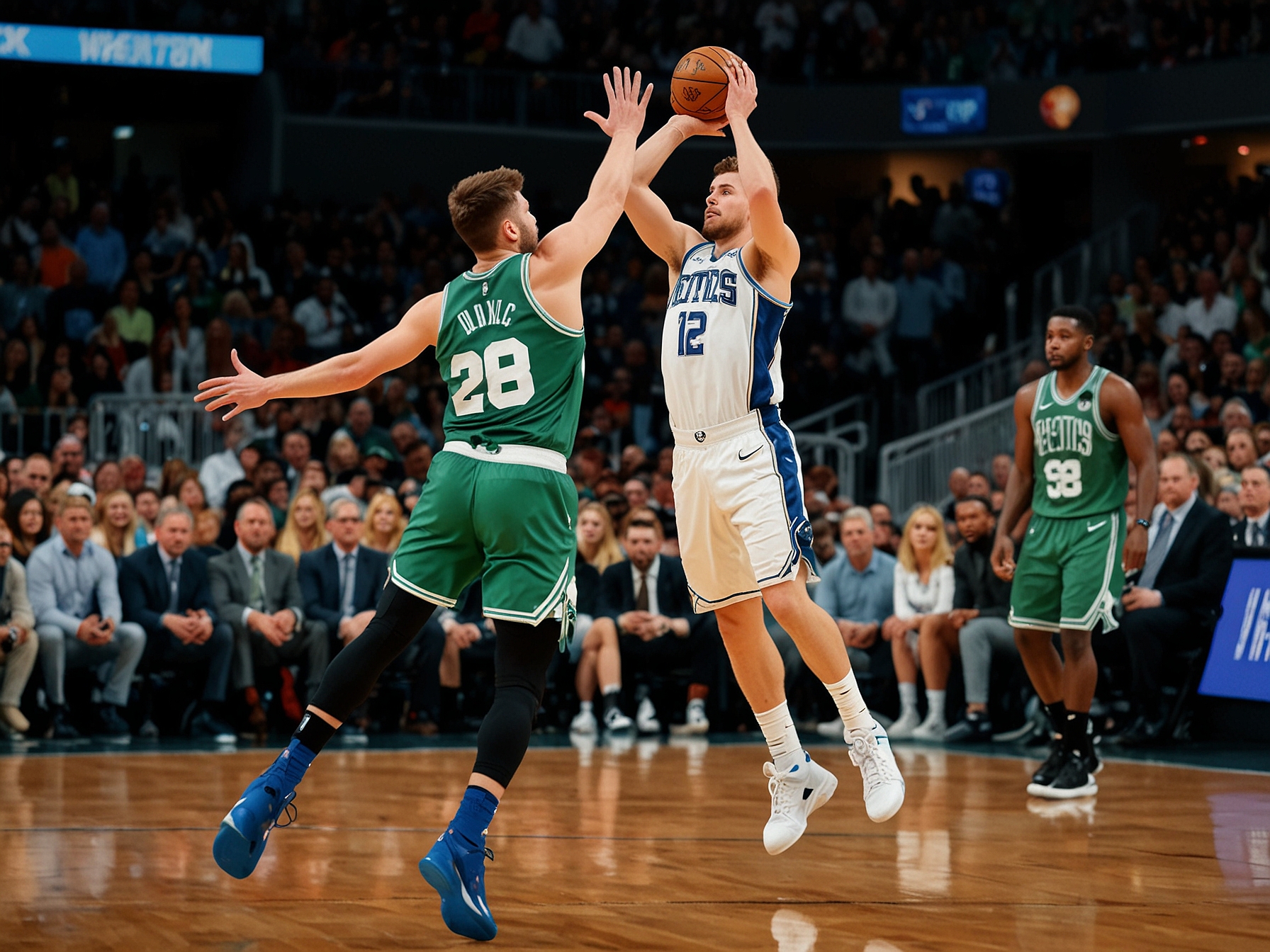 Luka Doncic attempts a jump shot while being closely defended by a Boston Celtics player, highlighting his struggle to find his rhythm in Game 5 of the NBA Finals.