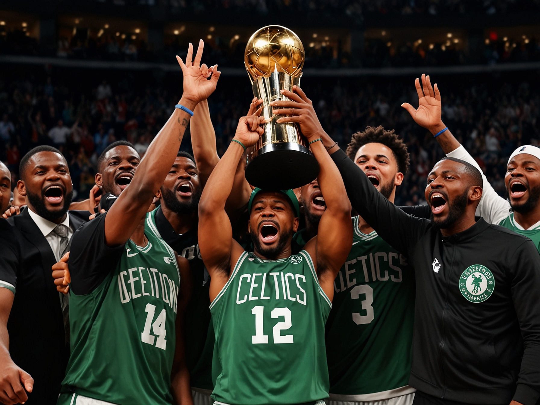 The Boston Celtics celebrate on the court as the final buzzer sounds, capturing the joy and excitement of winning their 18th NBA championship title.