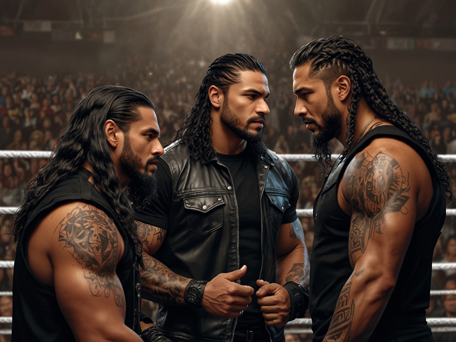 Solo Sikoa interacting with his Bloodline faction members, including Roman Reigns and the Usos, highlighting the mentorship and guidance pivotal in his journey to WWE main event status.