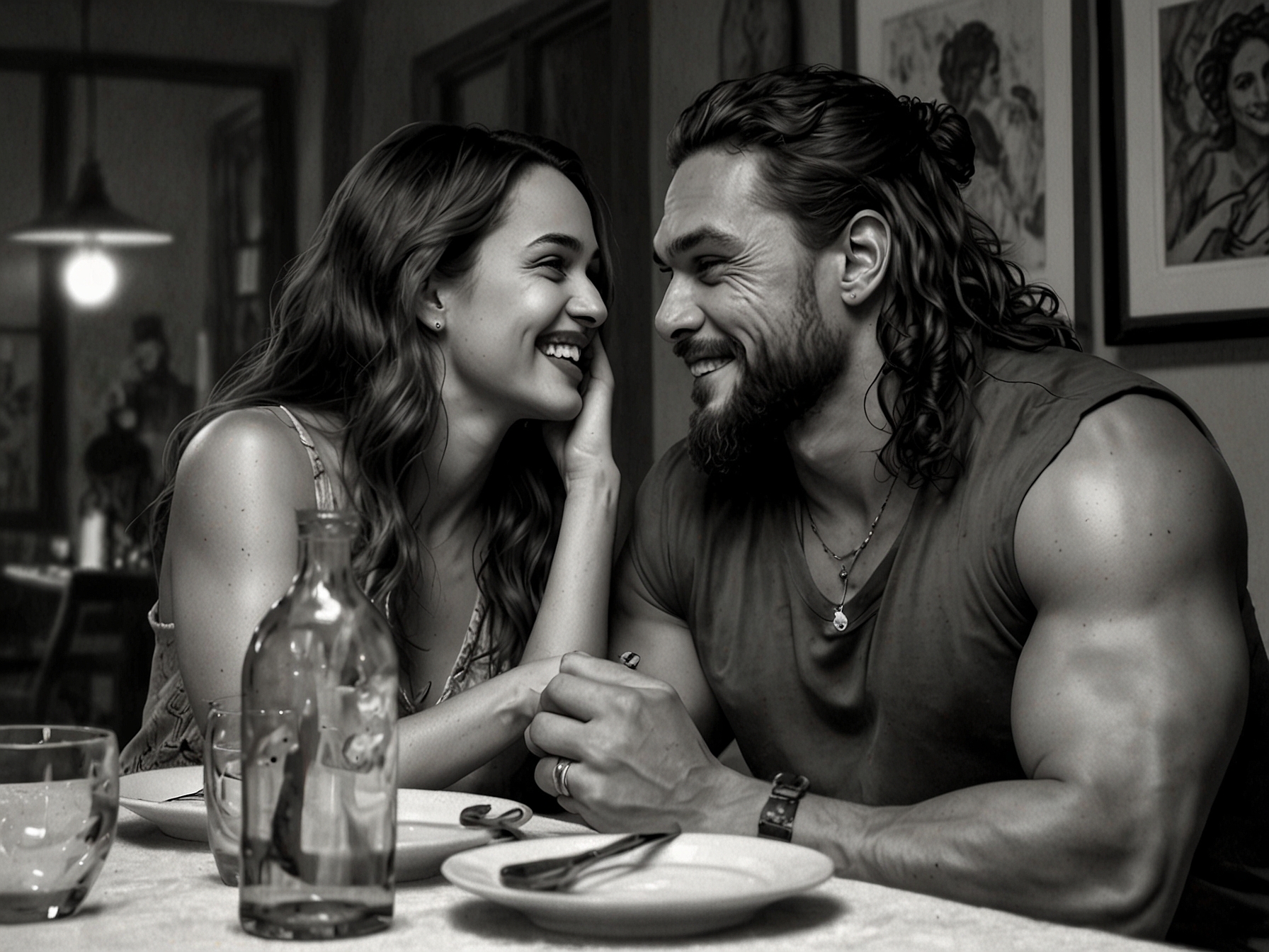 Jason Momoa and Adria Arjona share a candid moment during a cozy dinner, showcasing their deep connection and affection for each other.