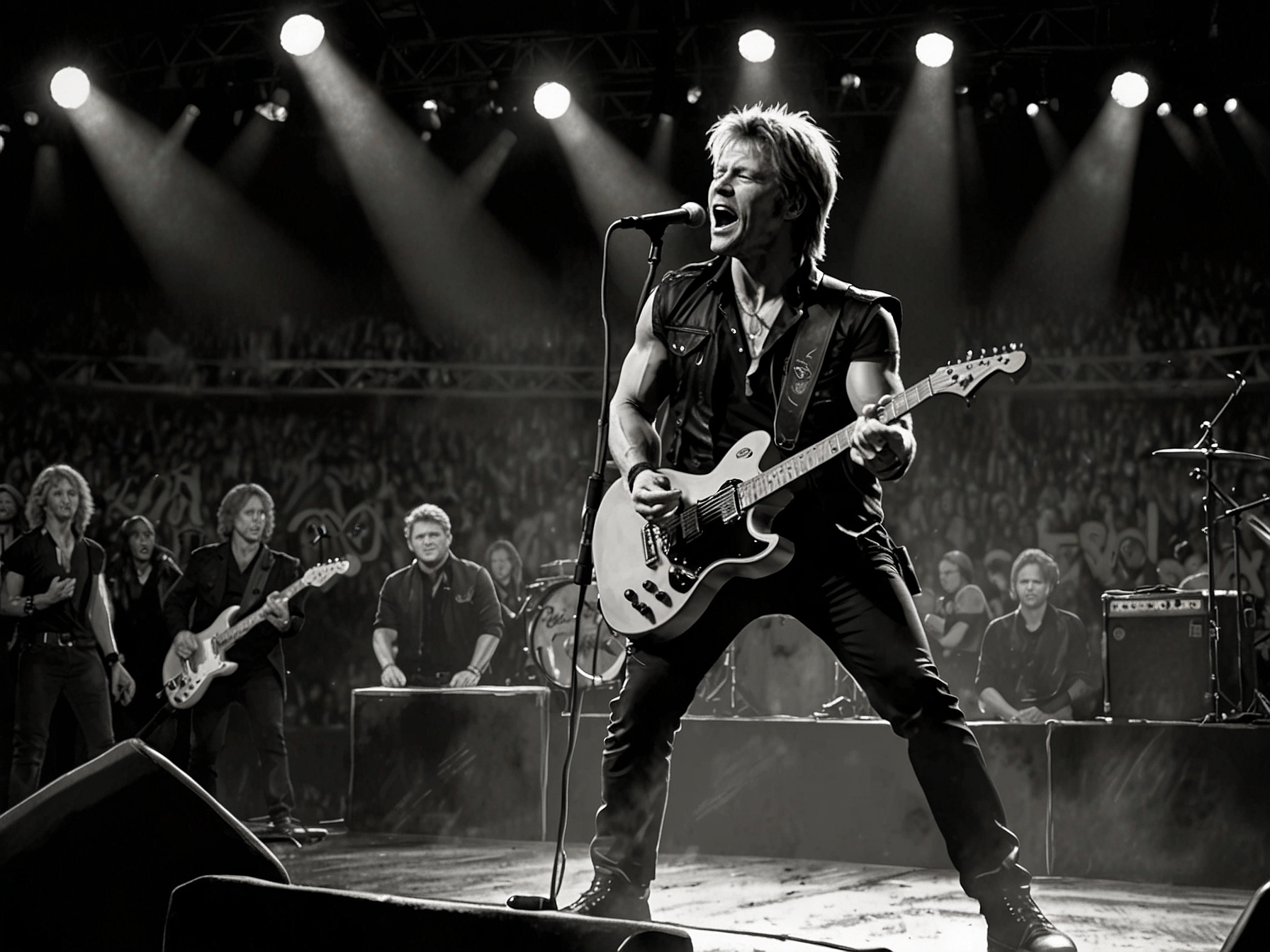 An image of Bon Jovi performing live on stage, capturing the band's energy and emotional connection with the audience, reflecting the themes of their latest album, 'Forever'.
