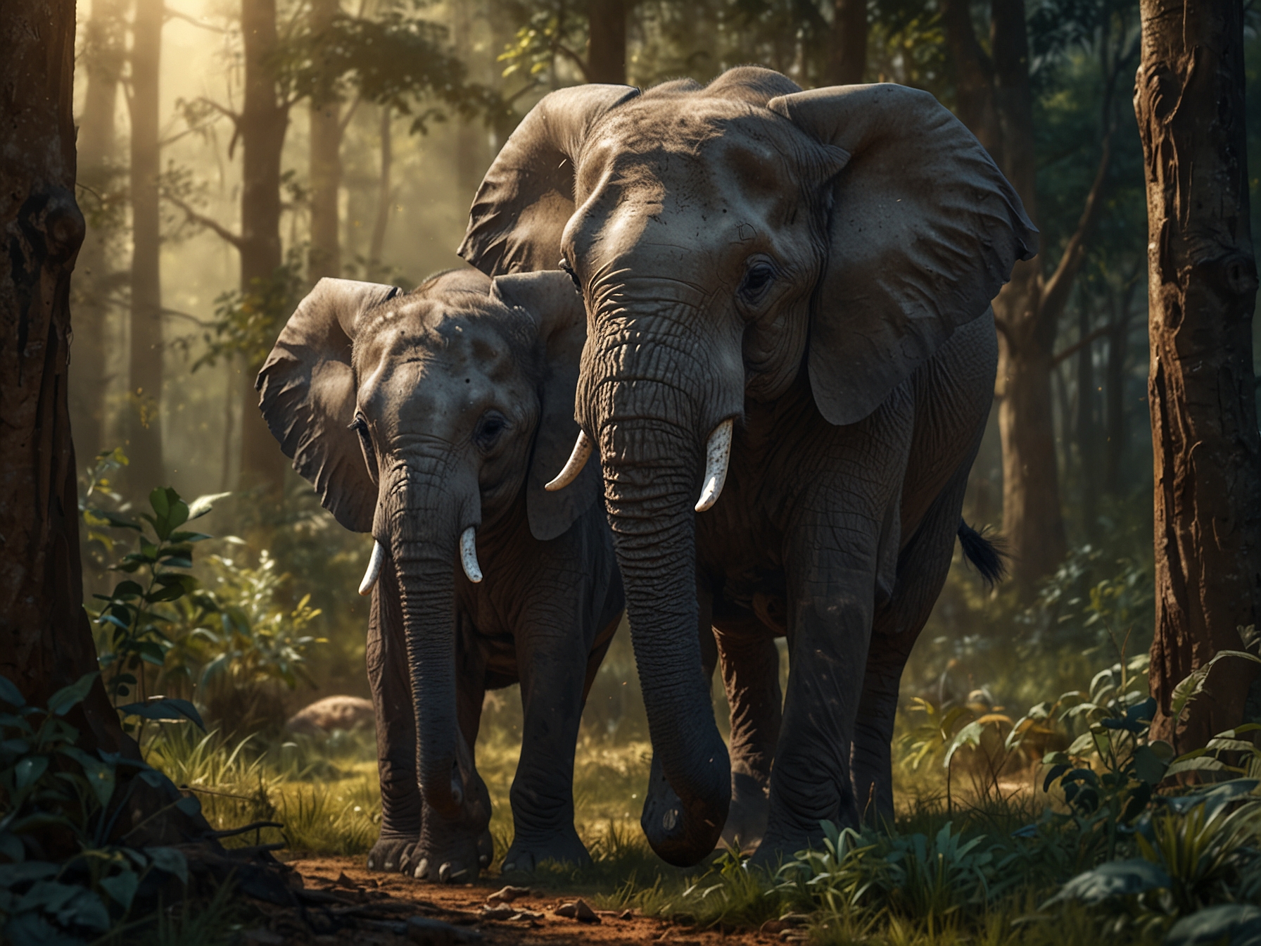 An elephant mother tenderly guiding her calf through a forest, exemplifying extended maternal care, which enhances the young one's survival and promotes lifelong health.