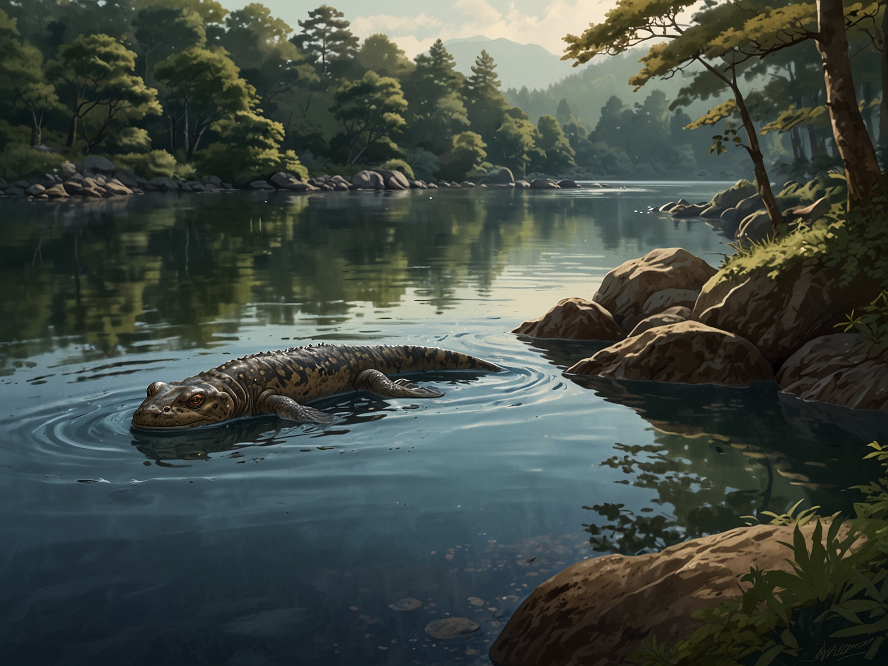 A serene river in Japan with a large Japanese giant salamander swimming peacefully, symbolizing resilience as part of a conservation effort to save these nearly extinct creatures.