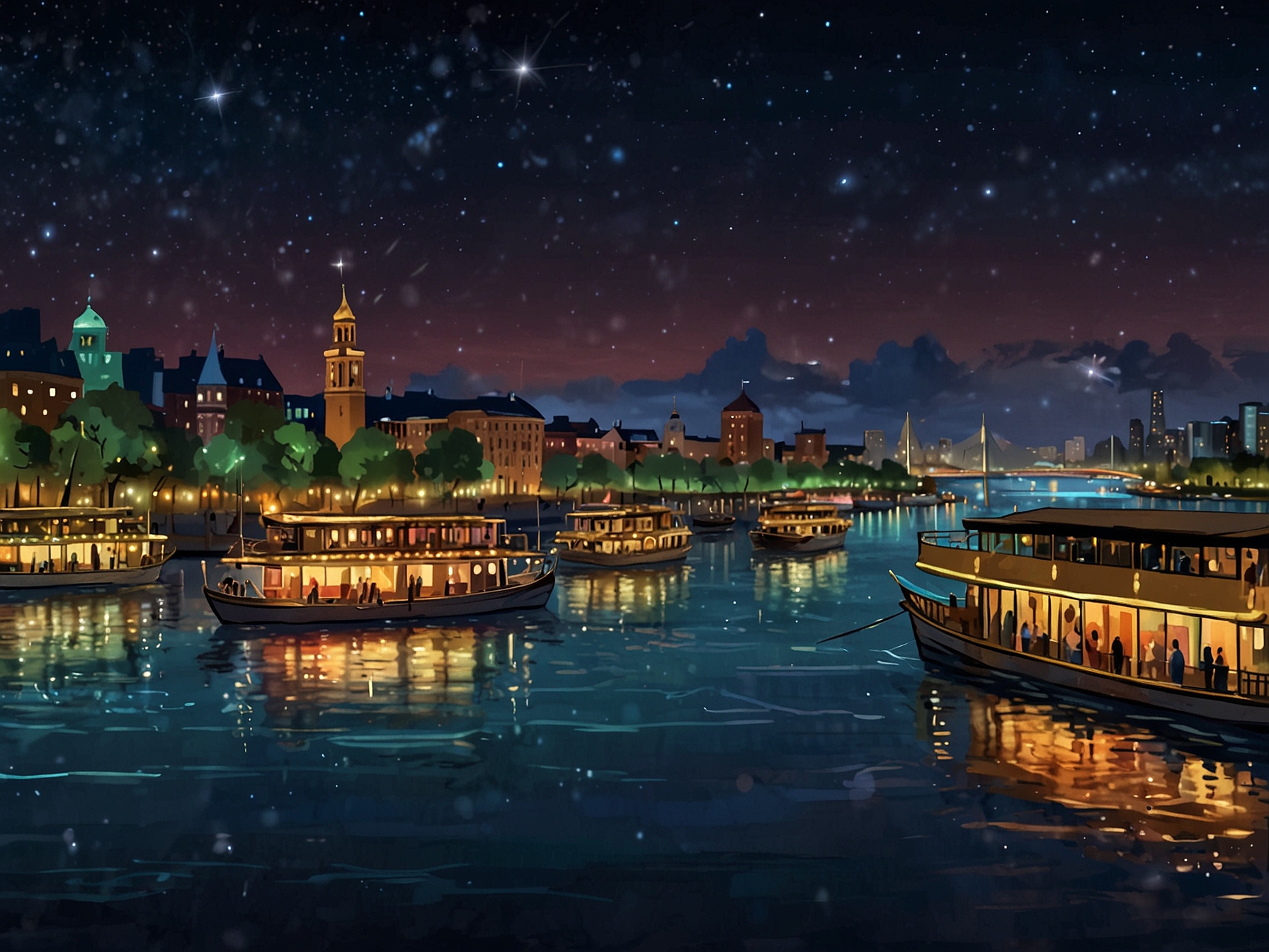 An enchanting view of secret floating nightclubs anchored on the city's waterways, illuminated against the night sky, with small boats ferrying party-goers to their exclusive dance floors.