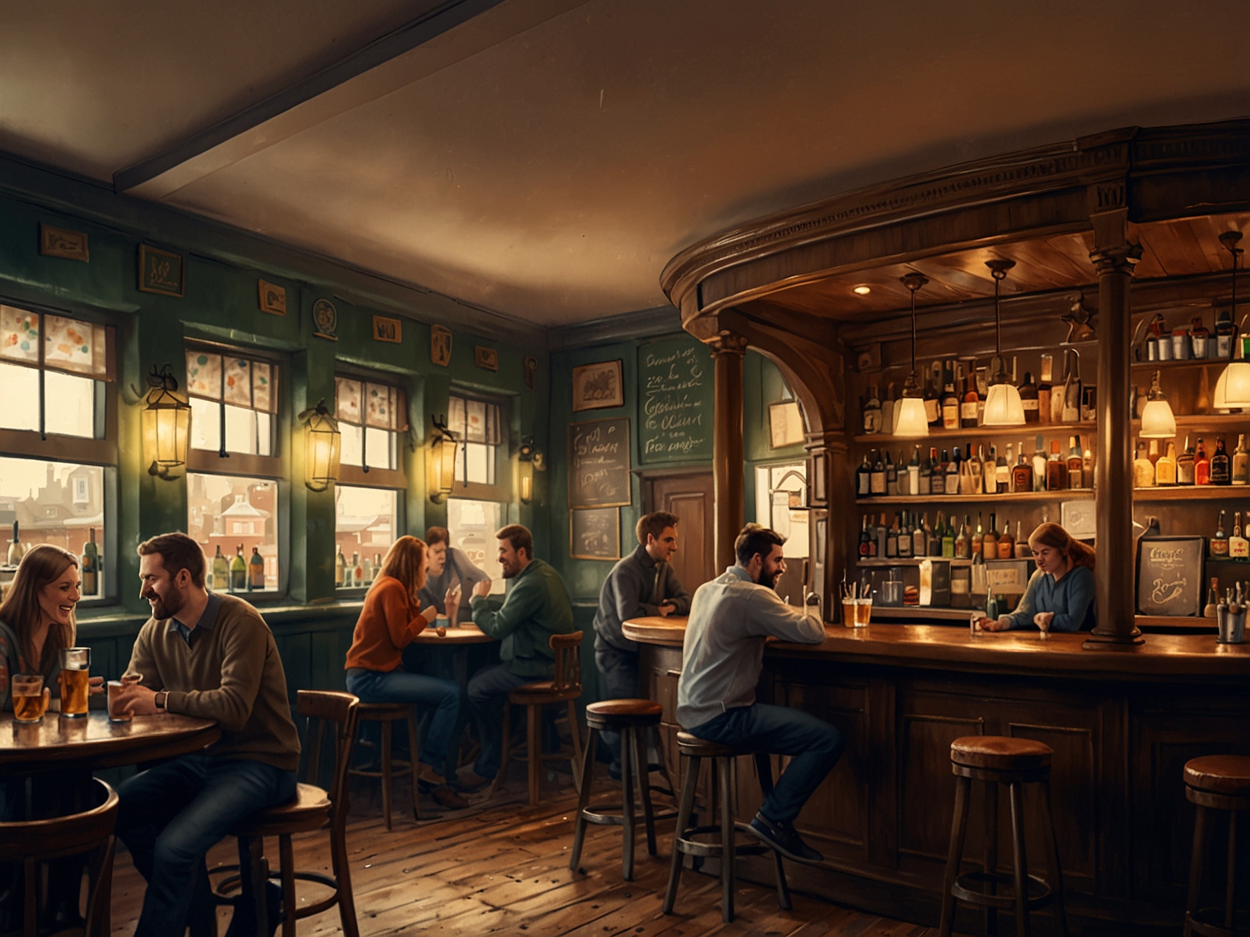 A lively bar scene featuring cozy pubs with patrons enjoying pints of £3 beers, showcasing the city's affordability and vibrant nightlife atmosphere.