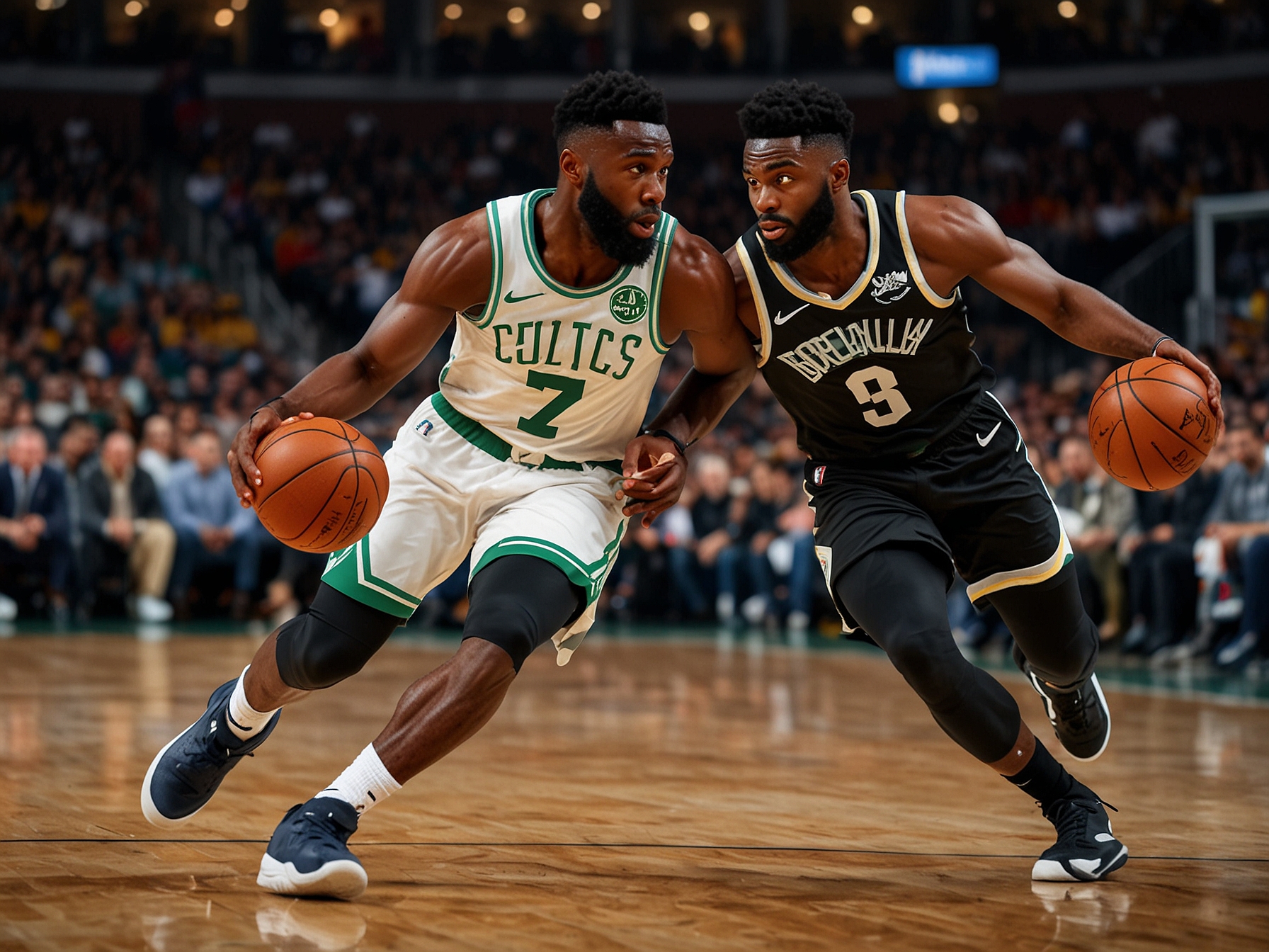 Jaylen Brown dribbling past a defender while making a crucial play in the 2024 NBA Finals. His intense focus and athleticism are evident, showcasing his MVP-worthy abilities.