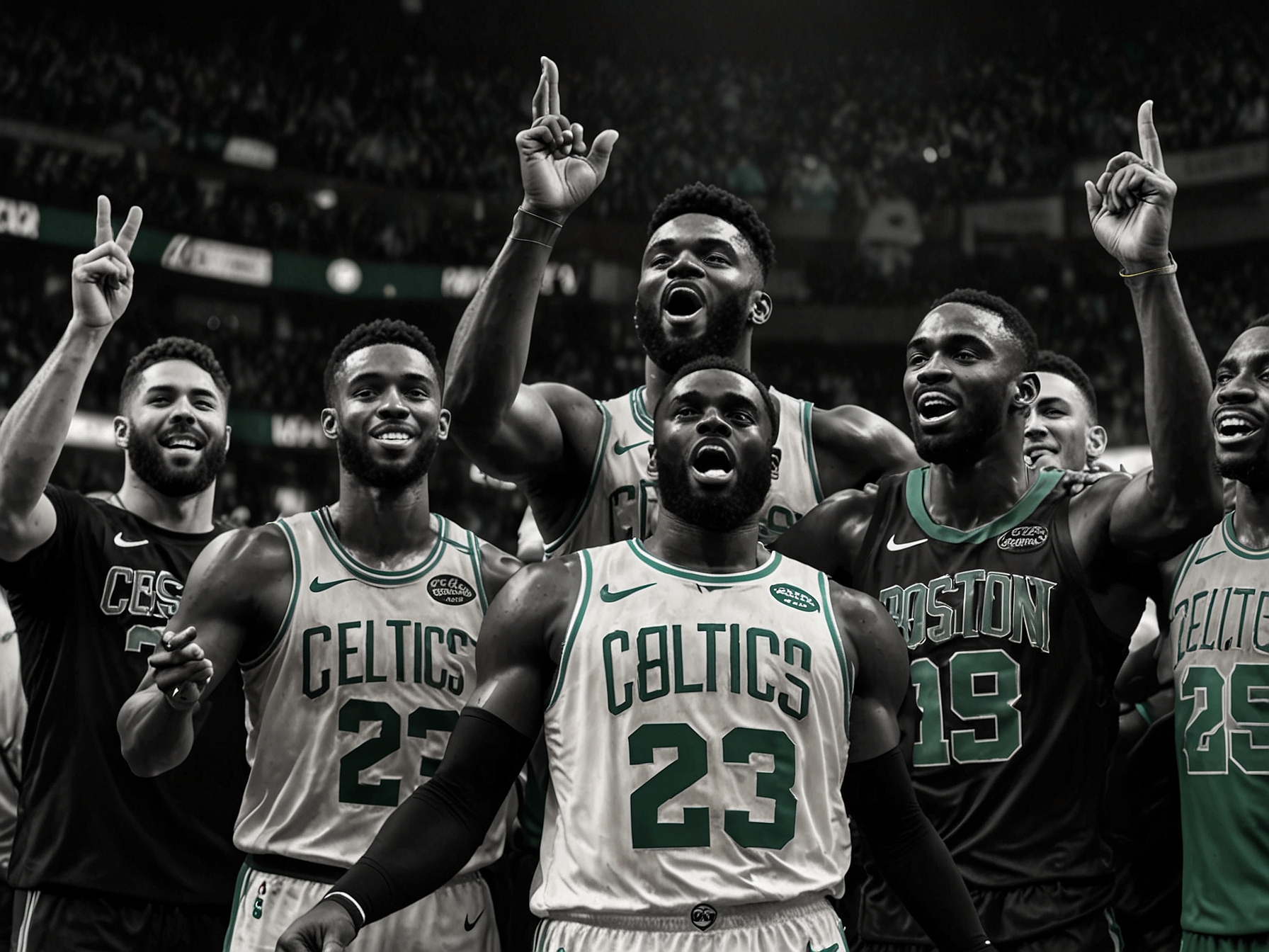Jaylen Brown celebrating with his Boston Celtics teammates after winning the 2024 NBA Finals. His leadership and the team's synergy are highlighted in this victorious moment.