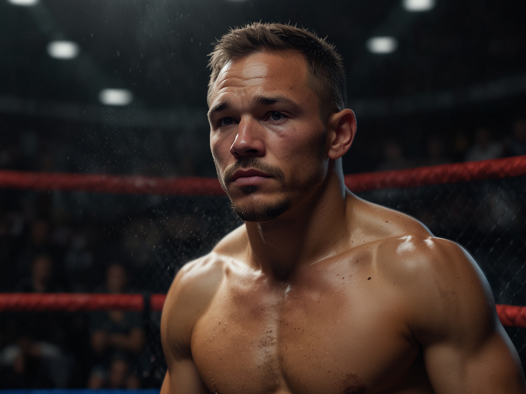 Michael Chandler sits in a dimly lit gym, reflecting on the UFC 303 cancellation. His expression mixes frustration and determination, embodying the emotional journey he shares in the video.
