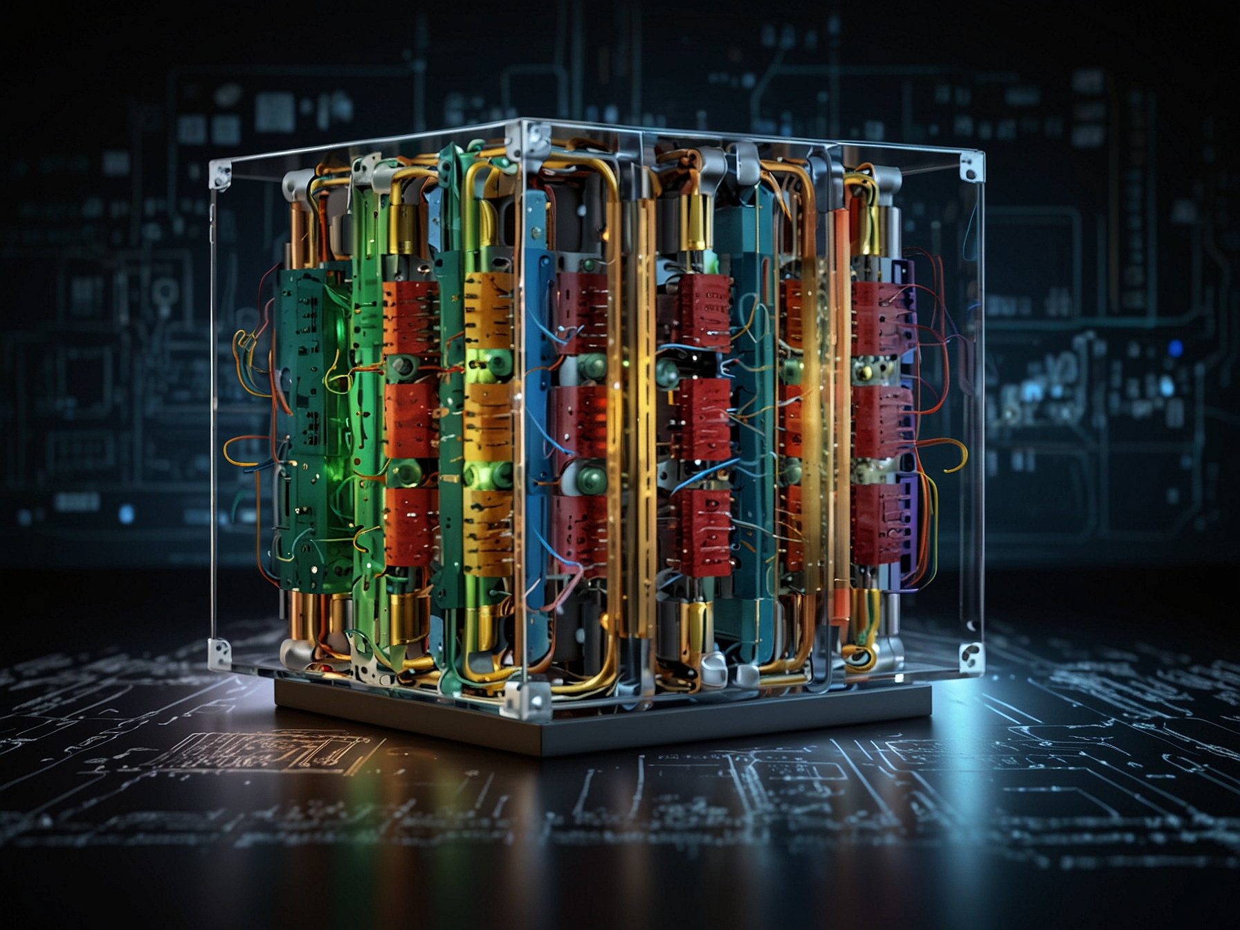 An illustration of Google's hybrid quantum computer showing its digital and analog components working together to simulate magnetic behaviors.