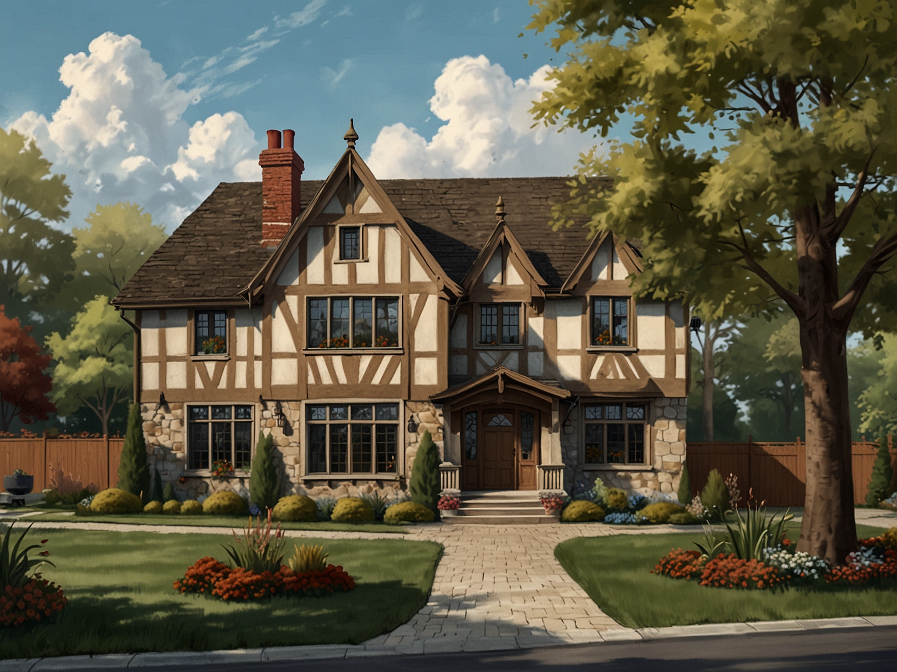 The exquisite exterior of the Tudor-style home features steep gable roofs, ornate masonry, and lush landscaping, showcasing a perfect blend of historical charm and modern elegance.