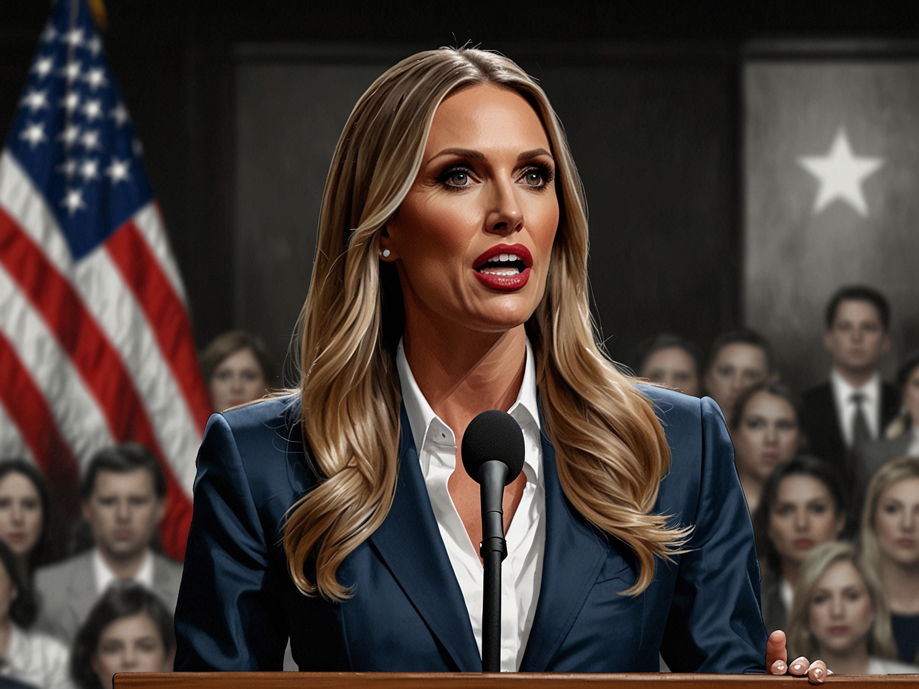 An image showing Lara Trump speaking at a political rally, emphasizing her points about the differences between the GOP and Democratic Party, to illustrate her controversial statements.