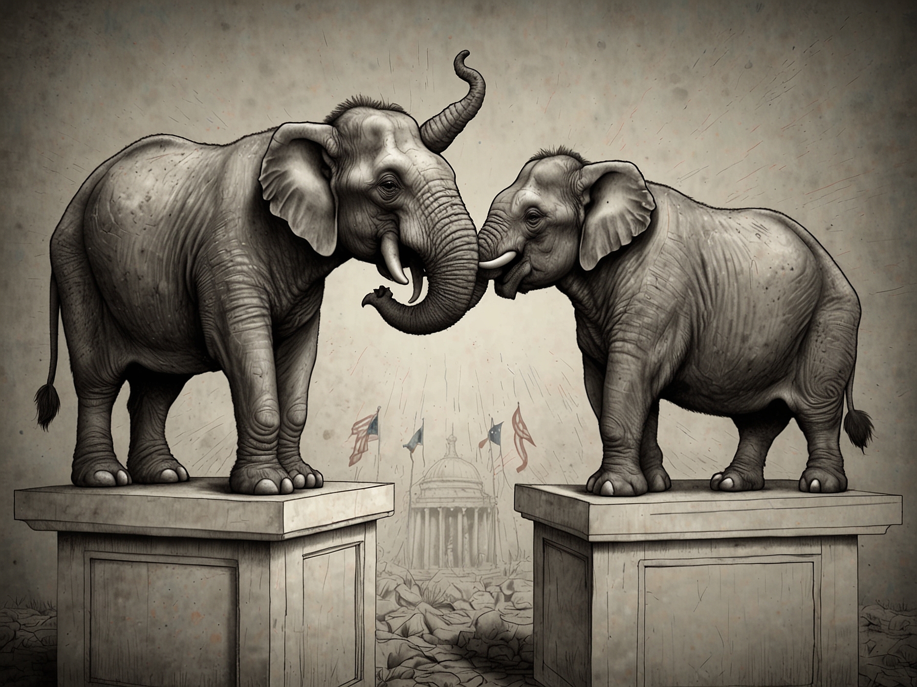 An image illustrating the contrasting ideologies of the Republican and Democratic parties, featuring symbols like the GOP elephant and Democratic donkey, to highlight the debate on government intervention and personal freedom.