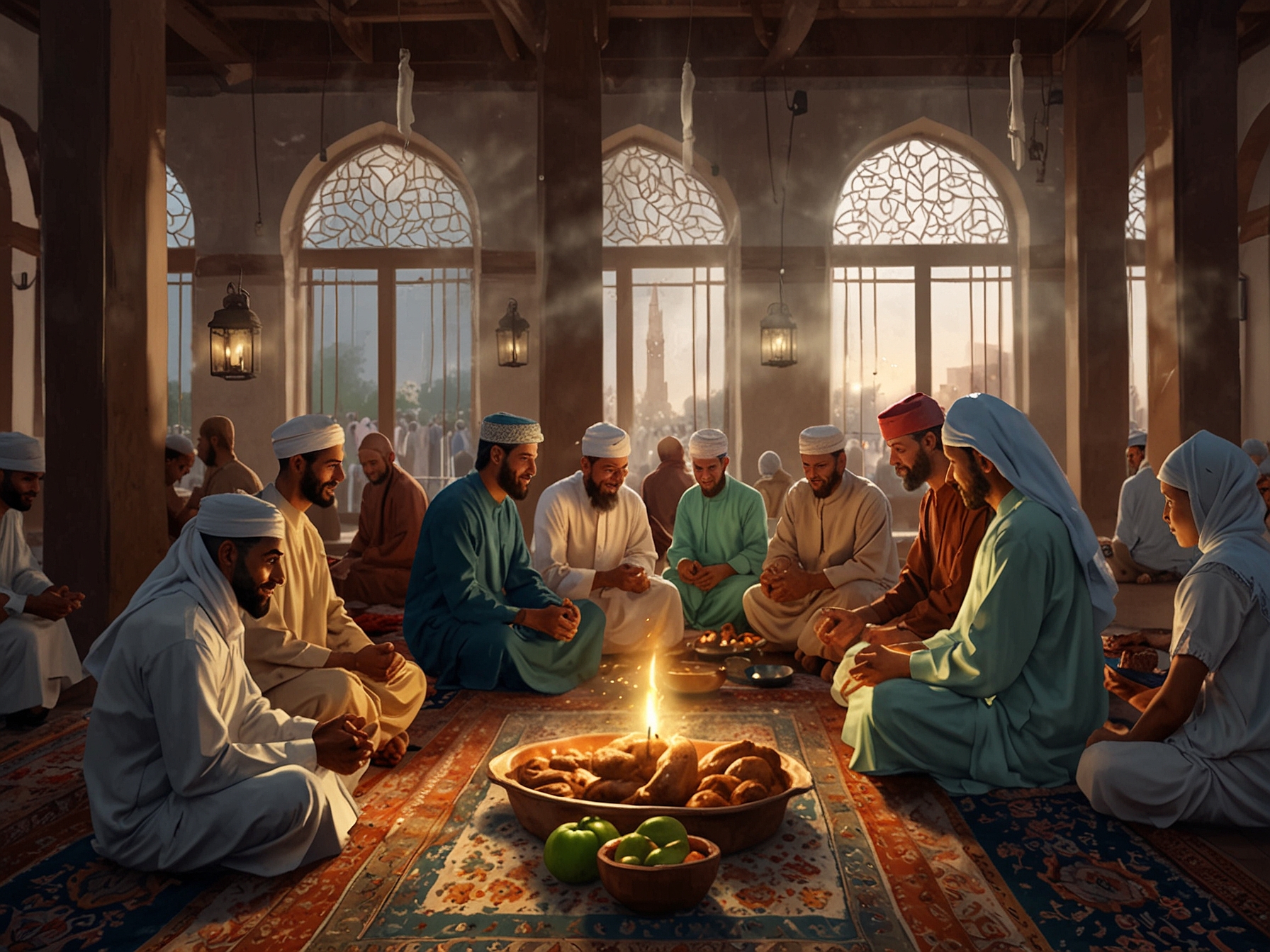 Image depicting a serene community Eid al-Adha celebration with people in traditional attire, engaging in prayers and feasting. This highlights the cultural significance of the holiday.
