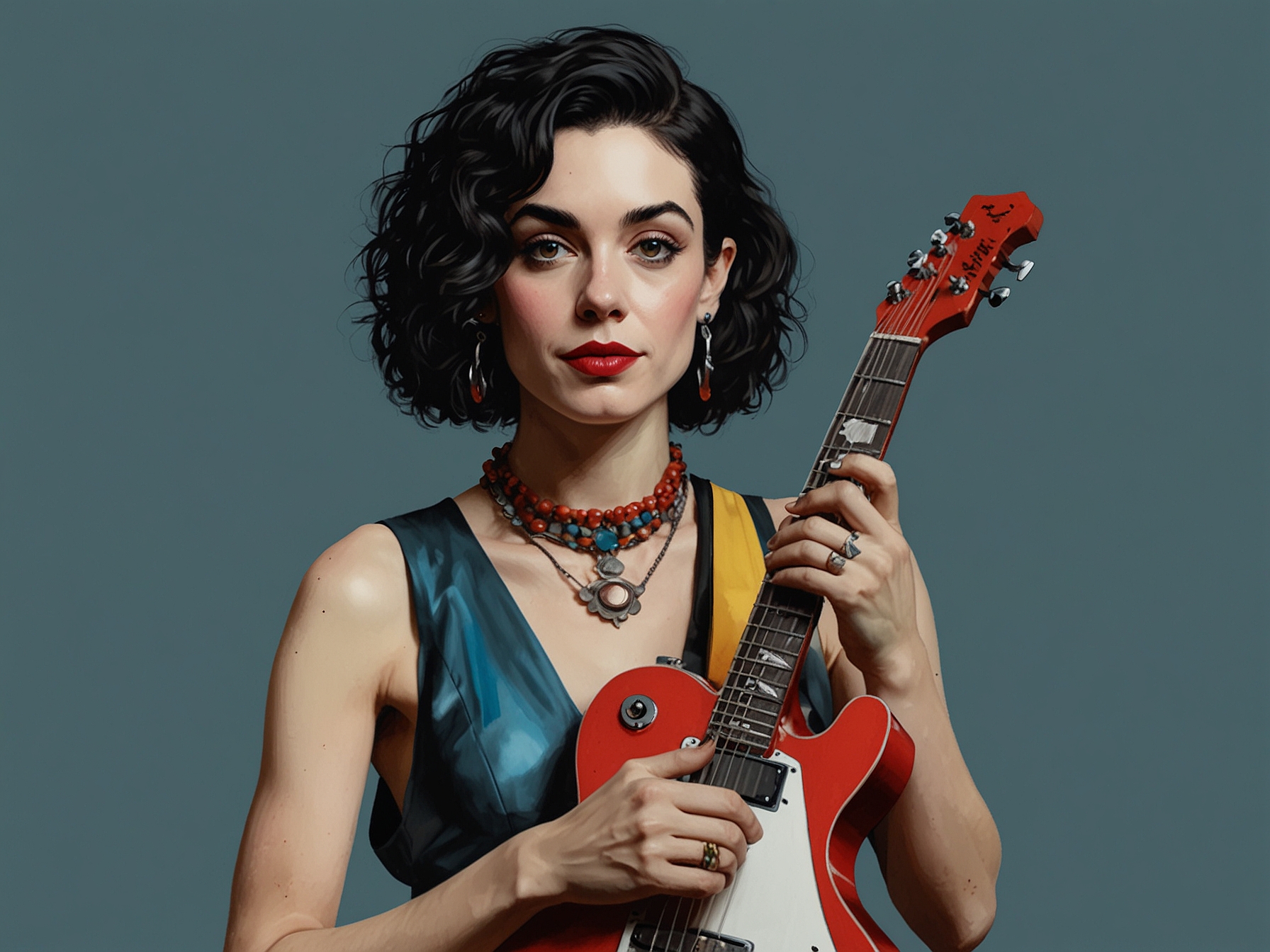 Annie Clark, aka St. Vincent, poses in an avant-garde outfit, holding her signature guitar. The vibrant setting and bold fashion choices perfectly capture her eclectic style and musical innovation.