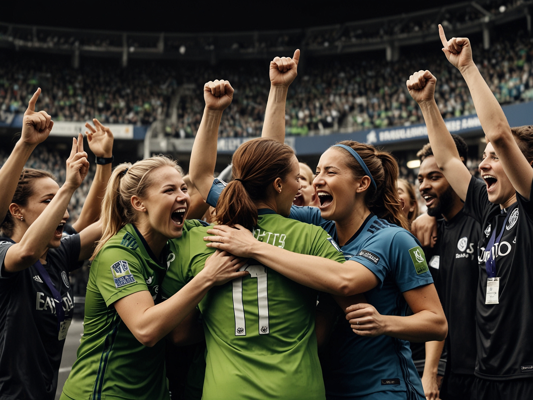 An image showing representatives from Seattle Sounders, Reign FC, and Carlyle celebrating the merger, reflecting excitement and unity among the teams.