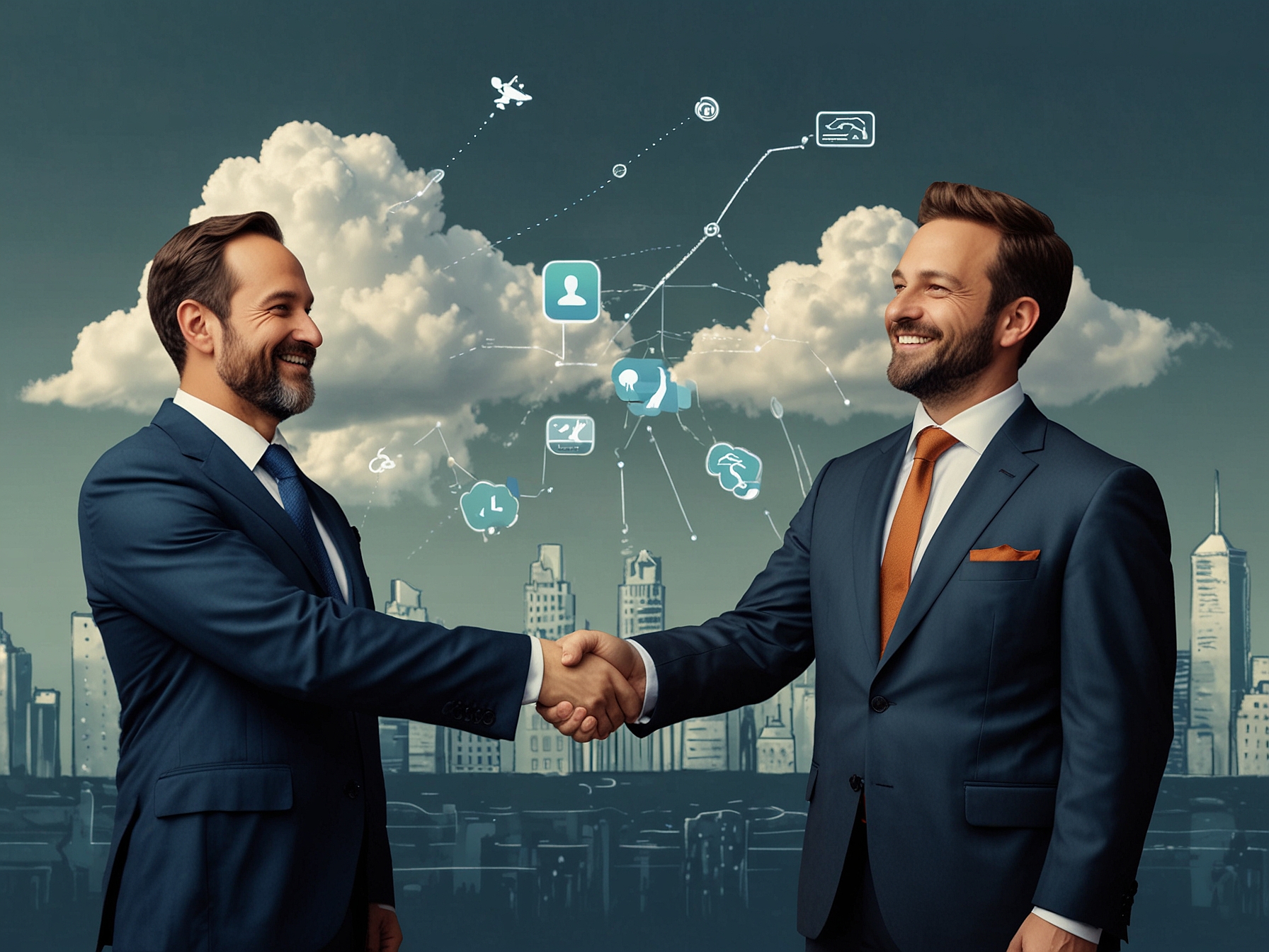 Illustration of Whale Cloud and Ant International executives shaking hands in front of a backdrop showing e-wallet and super app icons, symbolizing the strategic partnership.