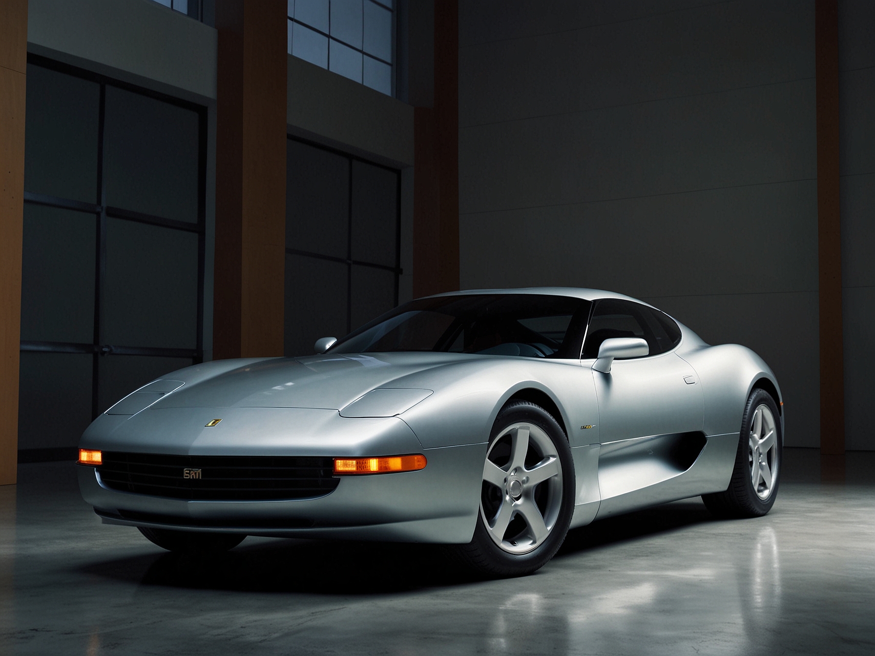 A sleek and aerodynamic GM EV1, the pioneering electric vehicle from 1996, highlighted in a showroom. The car flaunts its compact, futuristic design that symbolized a shift toward clean energy in the automotive industry.