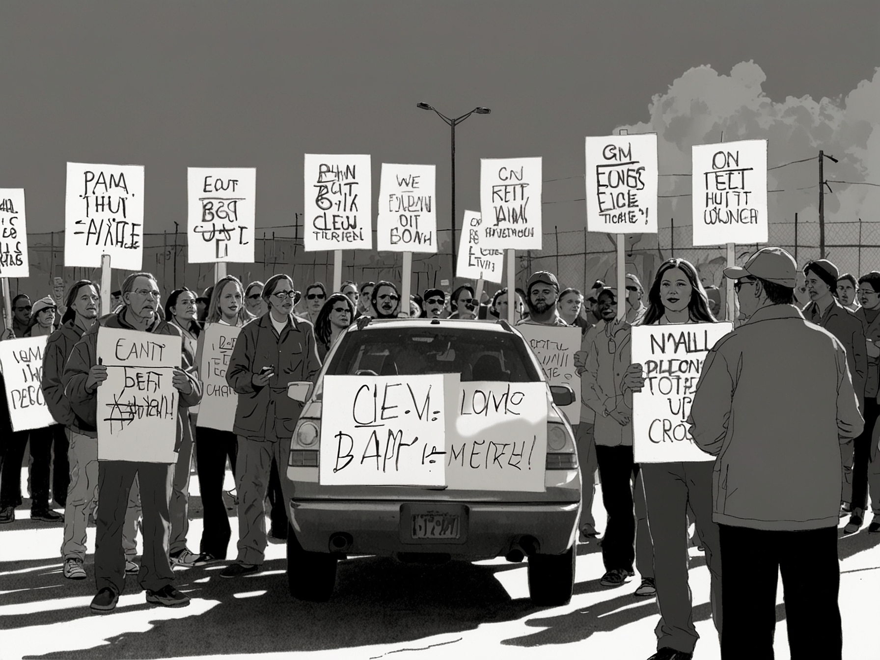 Protesters holding signs rally outside a GM storage lot in 2002, expressing their frustration over the discontinuation of the EV1. The passionate crowd underscores the emotional connection and dedication of early EV1 adopters.