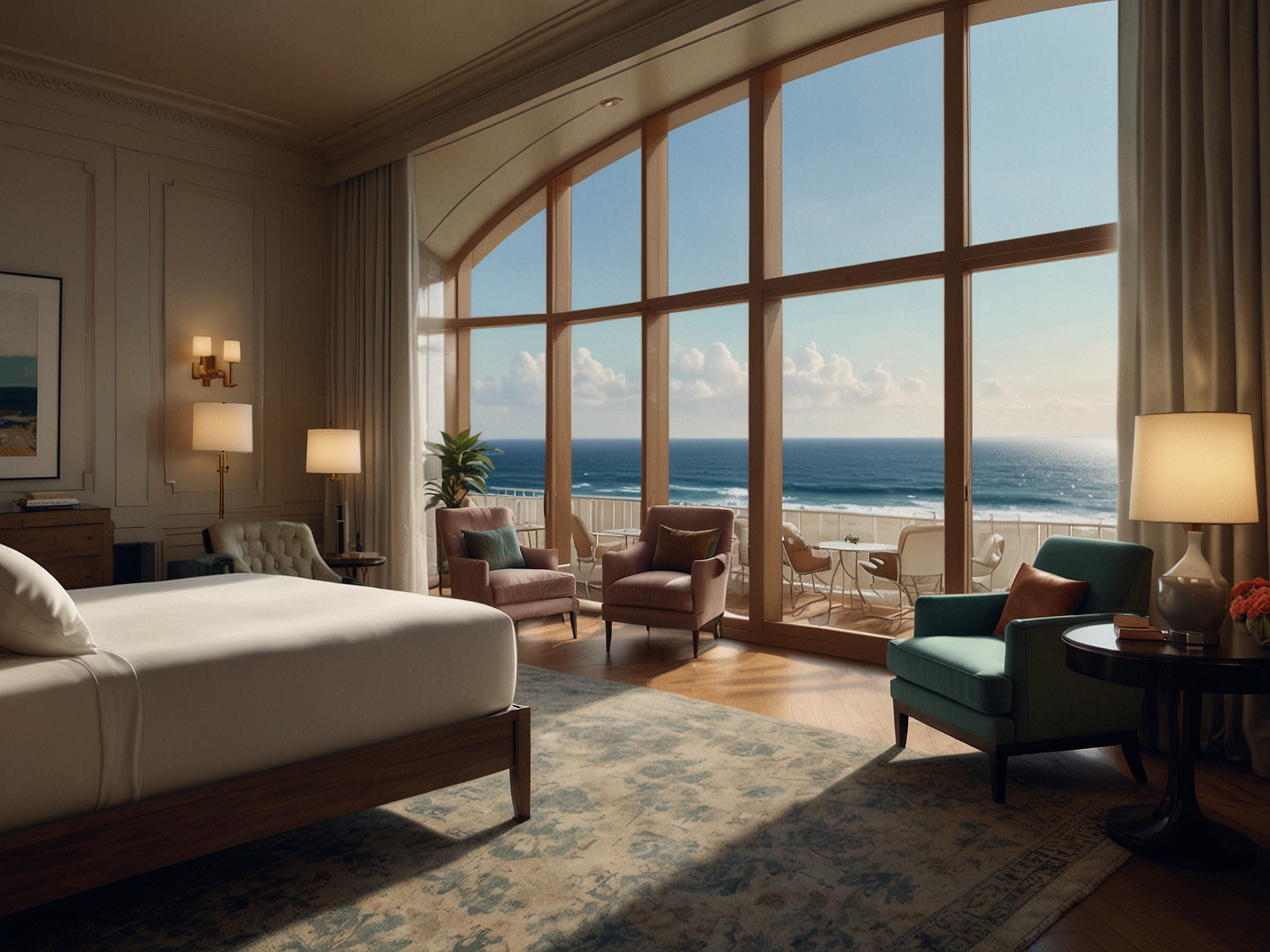 A spacious suite at Regina Biarritz Experimental featuring large windows with Atlantic Ocean views, classic and contemporary furnishings, and luxurious linens, offering ultimate comfort.