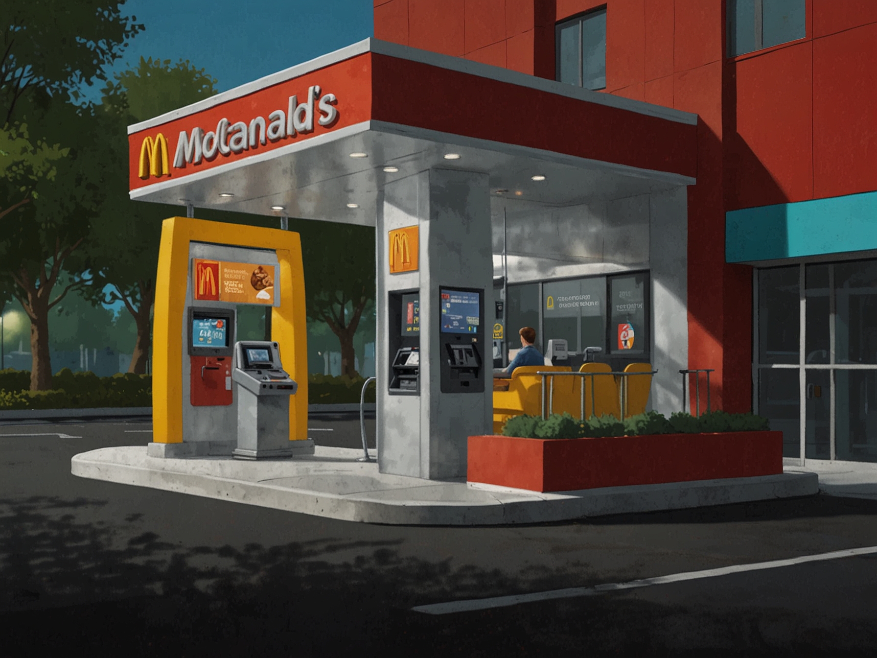A McDonald's drive-thru where a car is interacting with an AI-powered ordering kiosk, showcasing the use of technology in streamlining customer service operations.