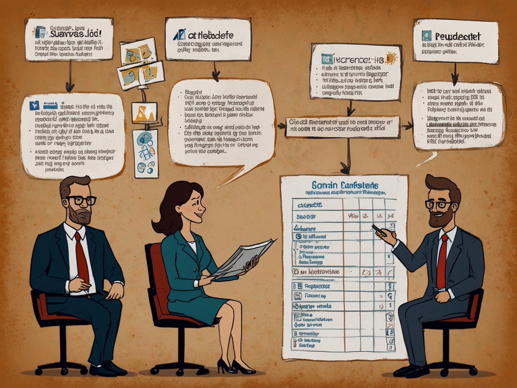 Illustration of a balanced HR toolkit, combining personality assessments with performance reviews and one-on-one meetings to create a comprehensive employee evaluation process.