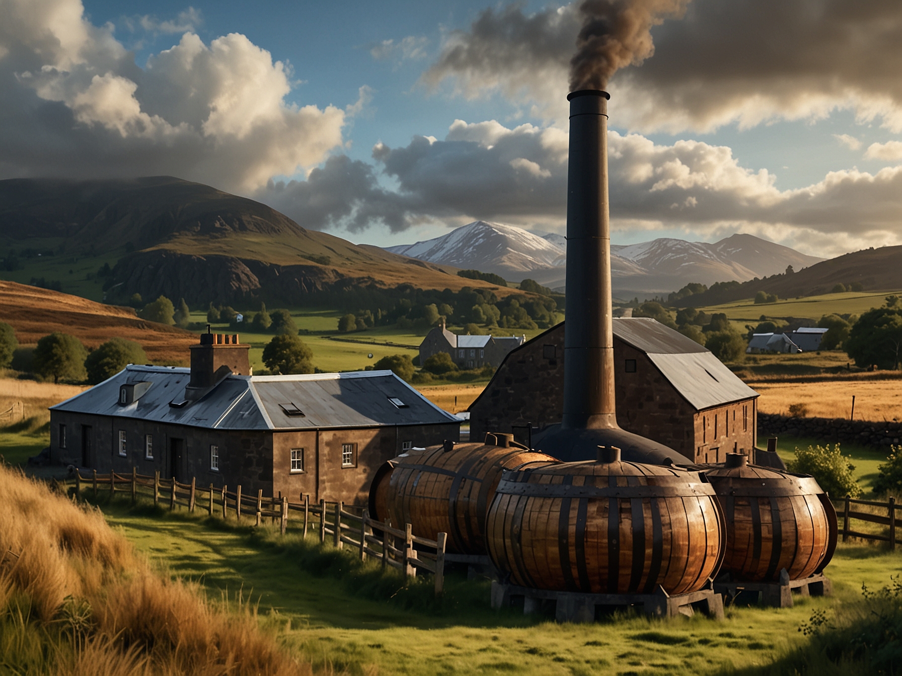 Illustration of a traditional Scottish distillery, surrounded by the picturesque rural landscape, highlighting the deep-rooted connection between Scotch whisky production and Scotland's heritage.