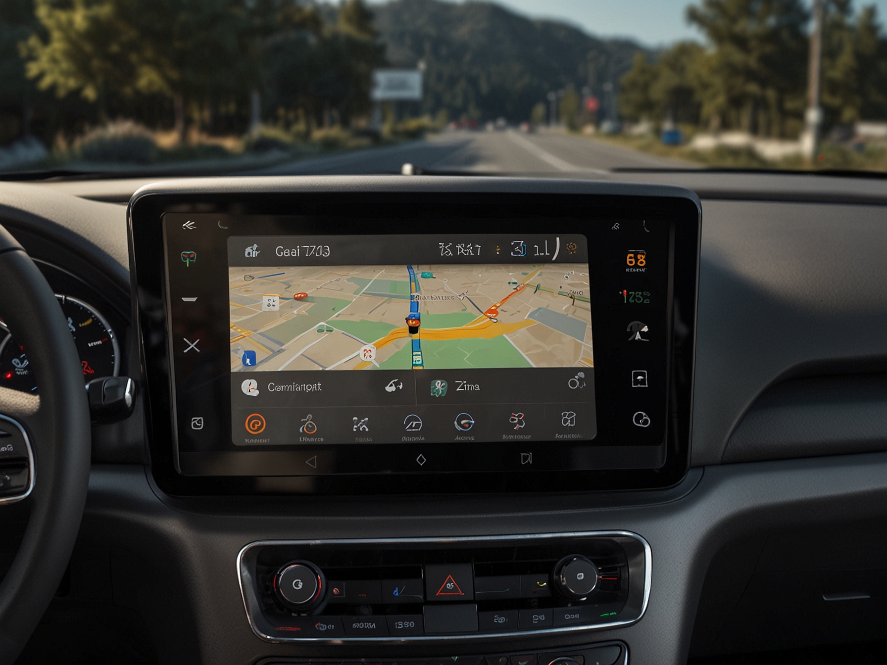 A car dashboard display showing the redesigned Google Assistant interface in Android Automotive, highlighting larger fonts and rearranged elements for better readability.