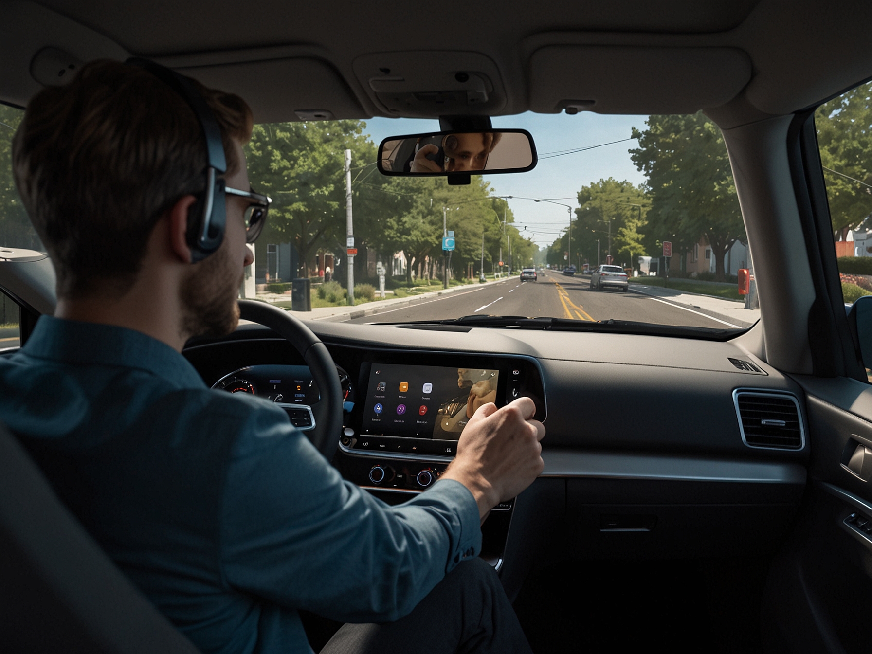 Driver using voice commands to interact with the redesigned Google Assistant in Android Automotive, demonstrating hands-free control over navigation, media playback, and smart home devices.