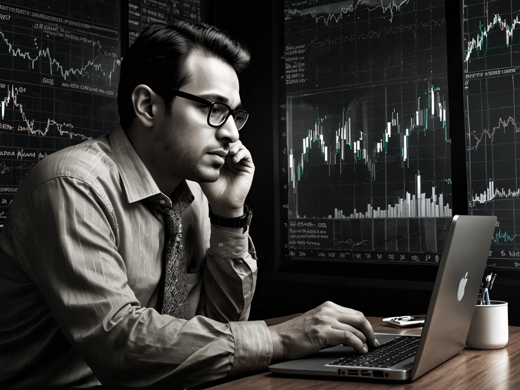 An investor analyzing stock charts on a laptop, representing the detailed market analysis and technical evaluations that form the basis of Sumeet Bagadia's stock recommendations.