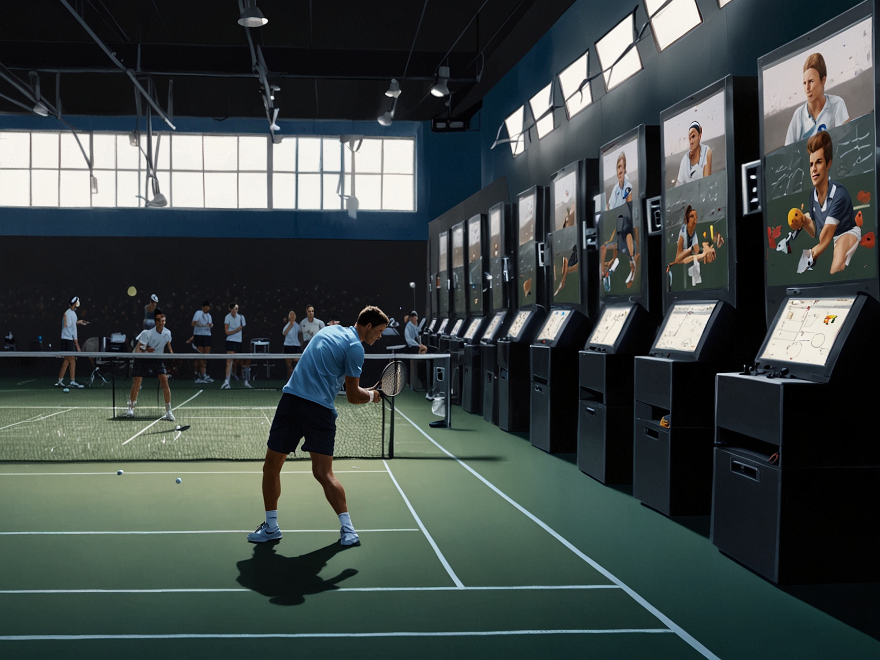 A visual of the IBM Granite LLM processing vast amounts of tennis data, generating engaging and context-rich player stories, highlighting the integration of AI in sports.