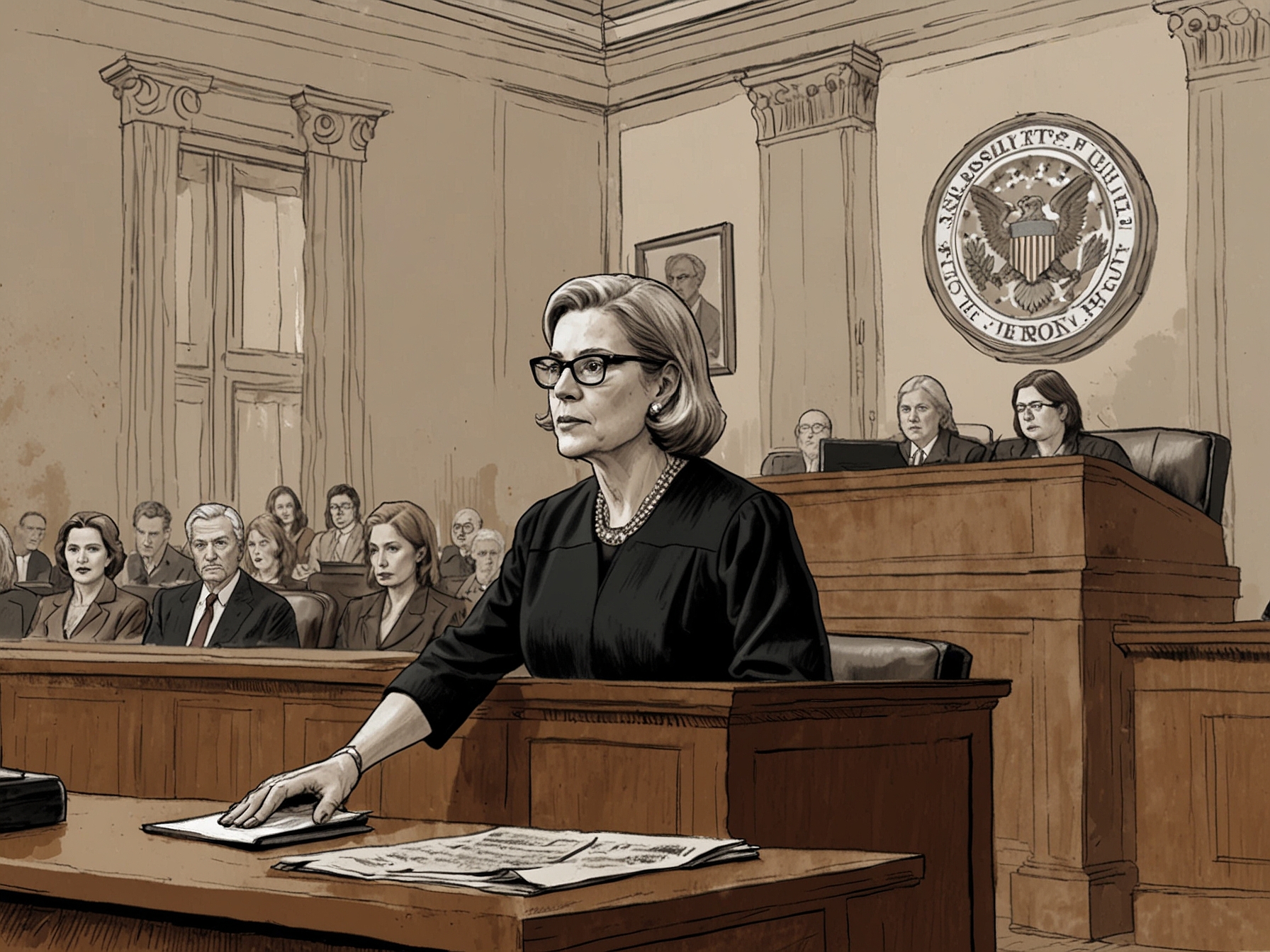 An illustration showing Judge Aileen Cannon presiding over a courtroom, with imagery indicating tension and headlines referencing increased threats against the FBI.