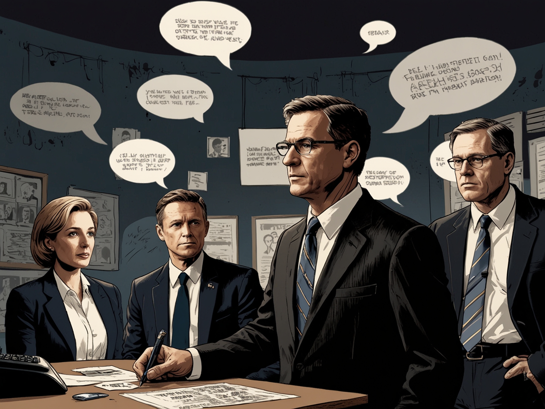 A depiction of FBI agents in action, surrounded by hostile speech bubbles symbolizing the aggressive rhetoric that has escalated due to recent judicial decisions and Trump's statements.