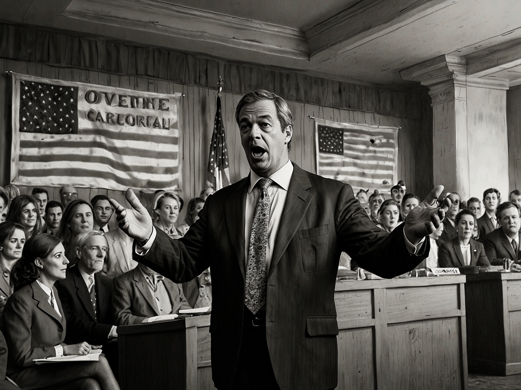 Nigel Farage speaking at a political event, emphasizing his controversial comments on the 2020 US Presidential Election and his stance on ballot harvesting practices.