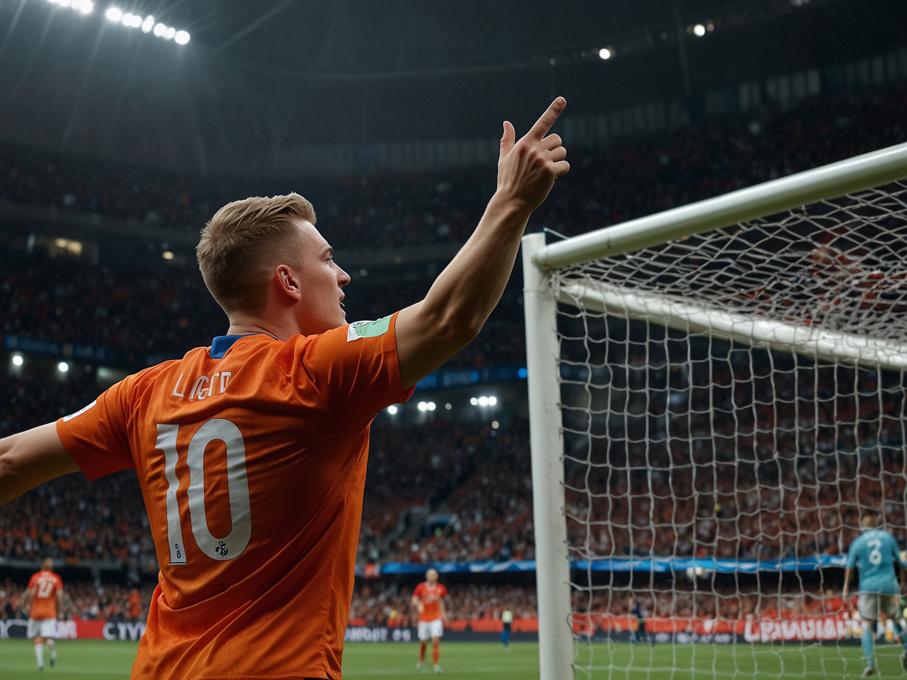 Matthijs de Ligt heads the ball into the net from a corner kick, equalizing the score before halftime and shifting the momentum in favor of the Netherlands during their Euro 2024 match against Poland.